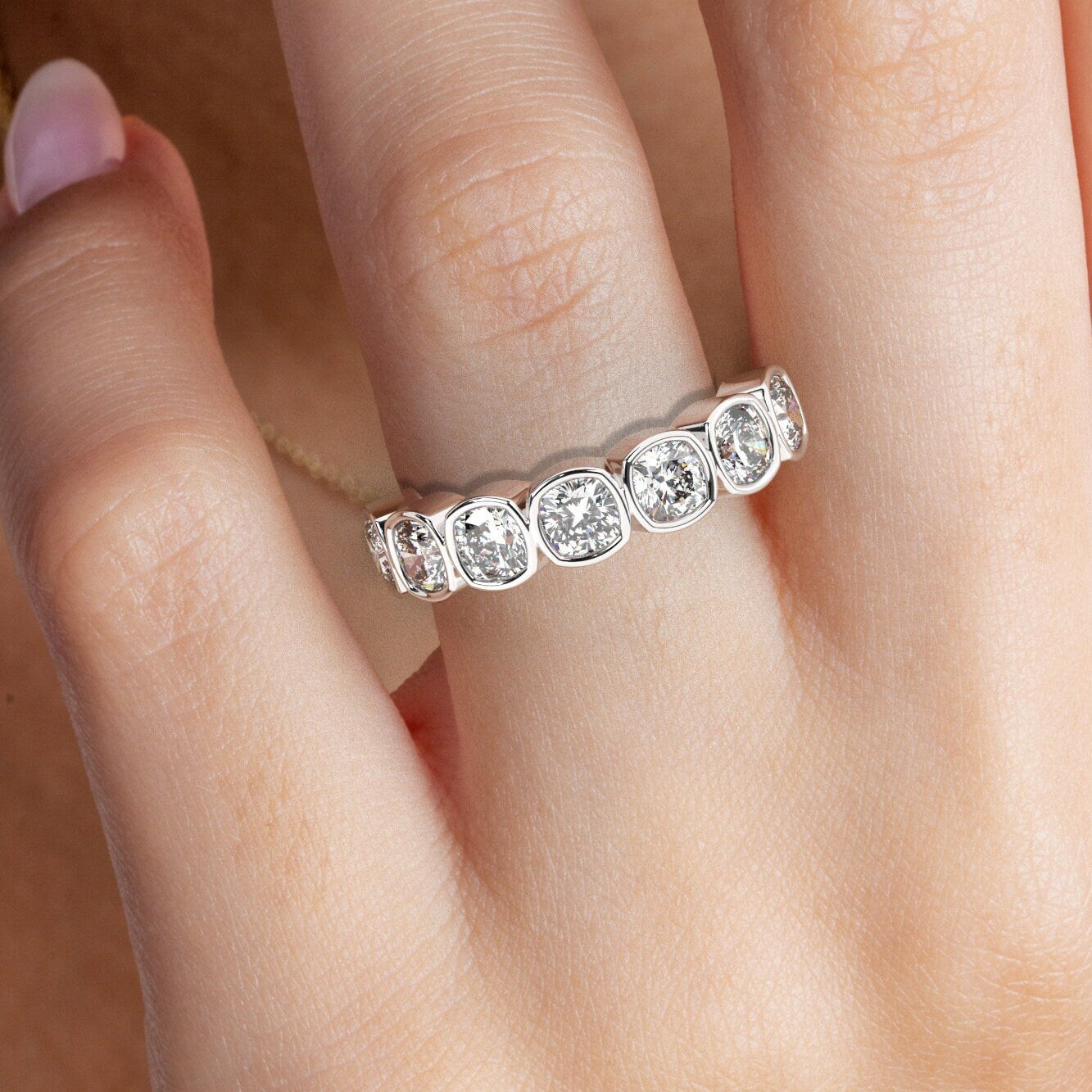 Cushion Cut Halfway Diamond Wedding Band / 14k Gold Bezel Set Wedding Ring / 2.5 CT Wedding Band / Anniversary Ring / Birthday Gift