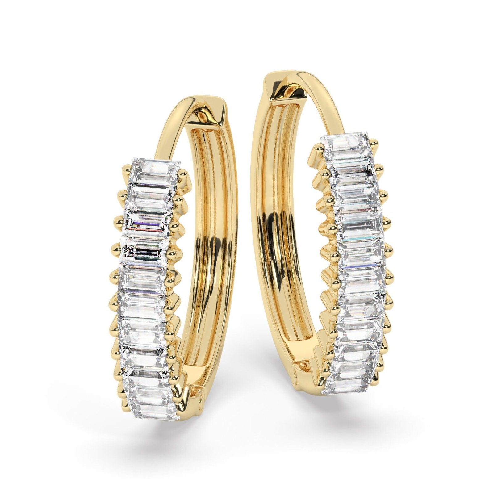 Baguette Diamond Hoop Earrings / 14k Diamond Hoop Earrings / Diamond Huggie Earrings/ Gift