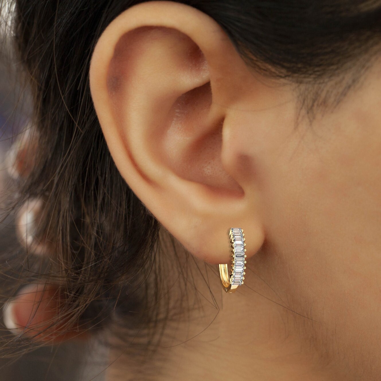 Baguette Diamond Hoop Earrings / 14k Diamond Hoop Earrings / Diamond Huggie Earrings/ Gift