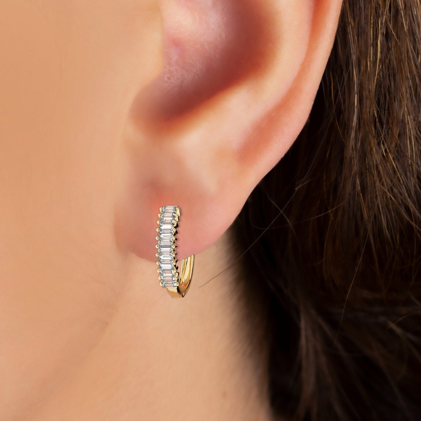 Baguette Diamond Hoop Earrings / 14k Diamond Hoop Earrings / Diamond Huggie Earrings/ Gift