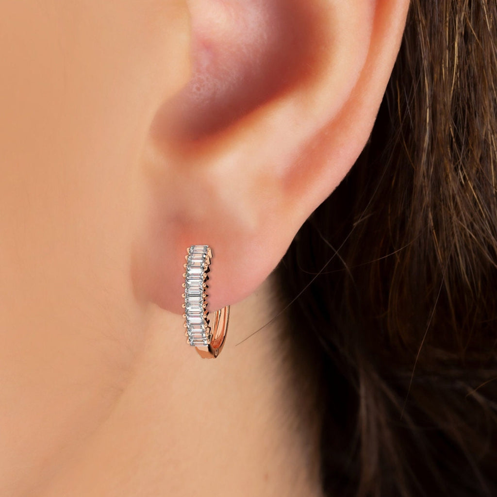 Baguette Diamond Hoop Earrings / 14k Diamond Hoop Earrings / Diamond Huggie Earrings/ Gift