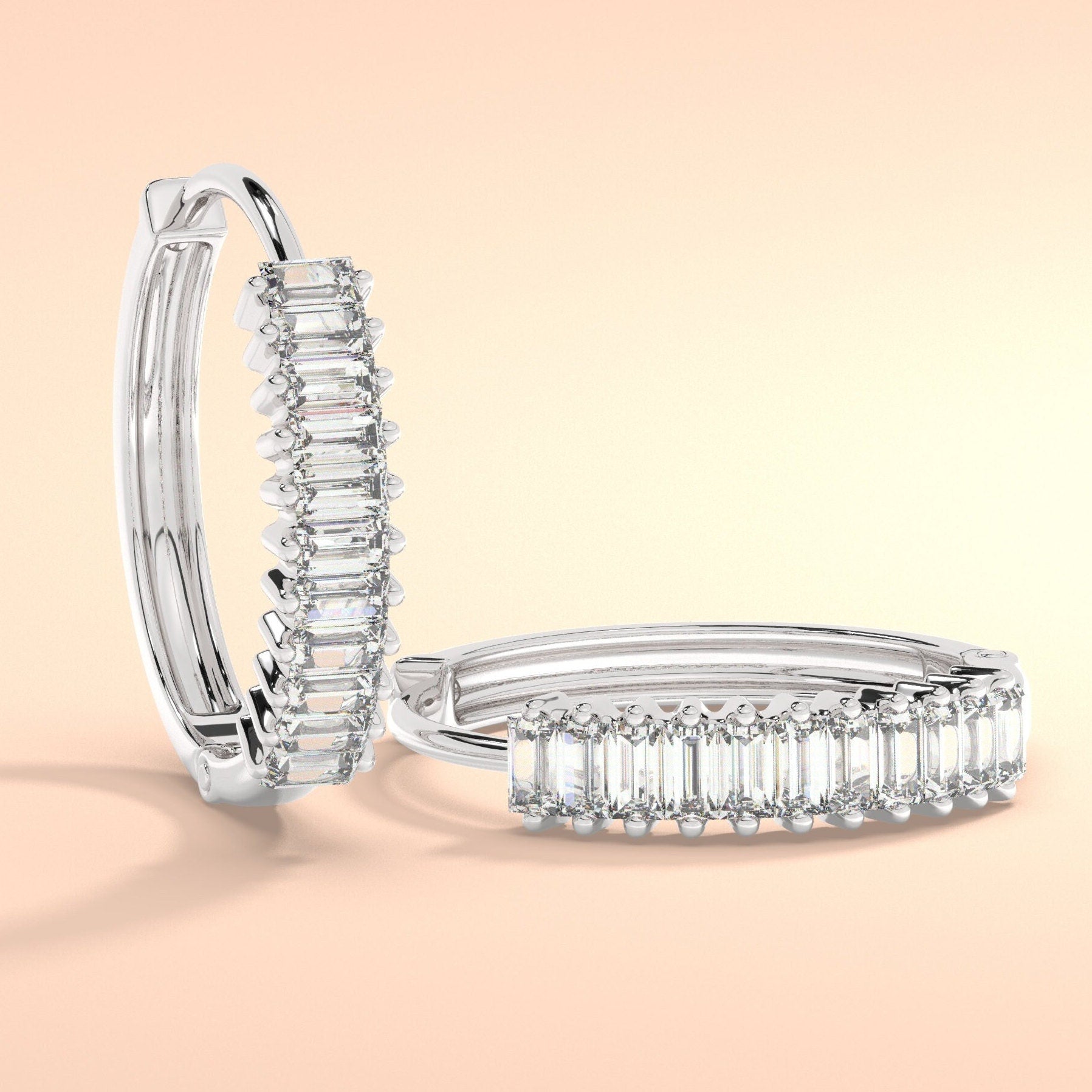 Baguette Diamond Hoop Earrings / 14k Diamond Hoop Earrings / Diamond Huggie Earrings/ Gift