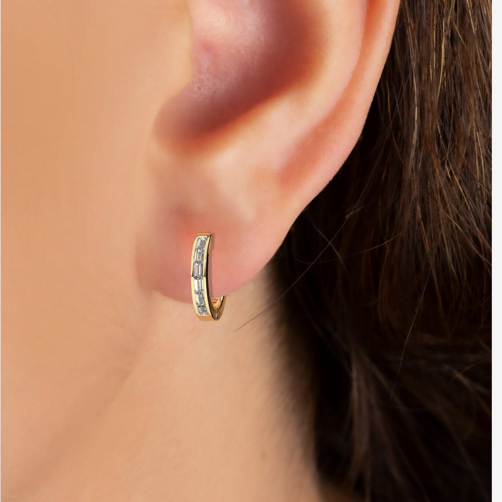 Diamond Hoop Earrings / 14k Gold Baguette Diamond Hoop Earrings /Diamond Huggie Earrings/ Gift