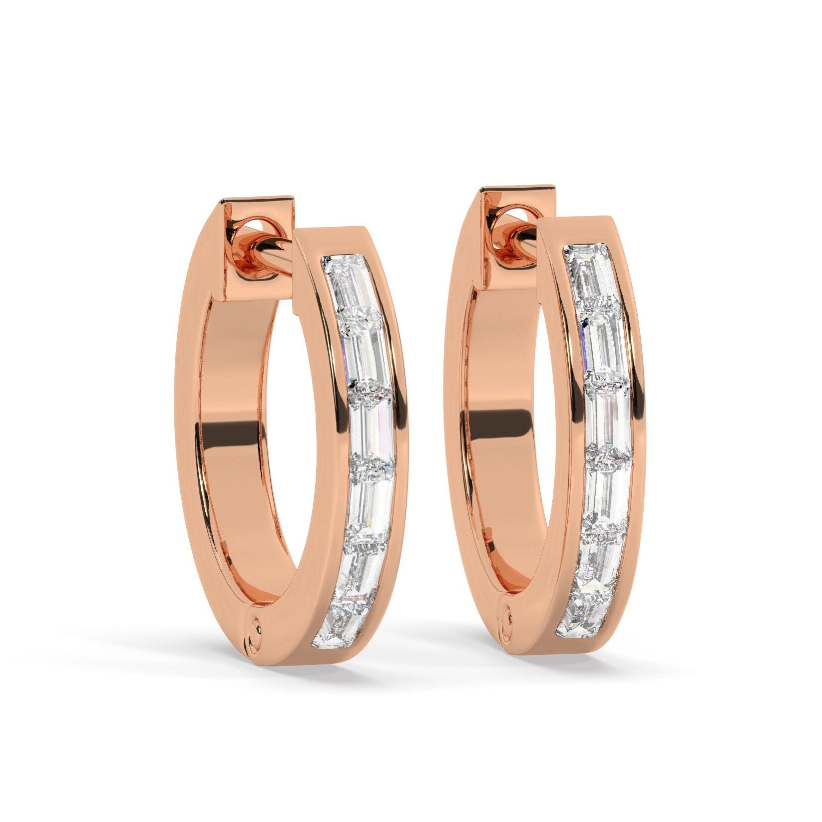 Diamond Hoop Earrings / 14k Gold Baguette Diamond Hoop Earrings /Diamond Huggie Earrings/ Gift