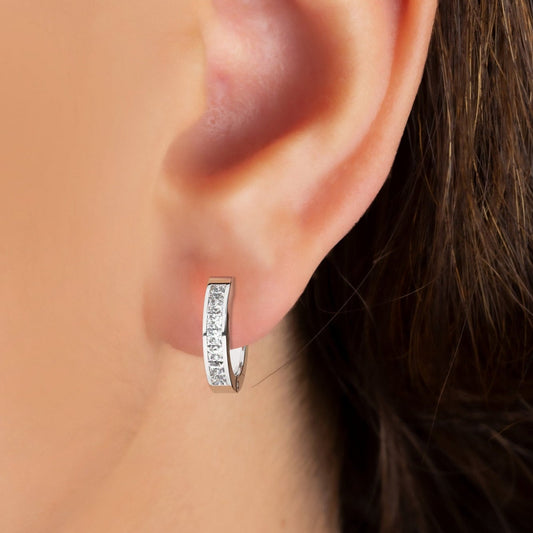 14k Gold Diamond Hoop Earrings / Channel Diamond Huggie Earrings / Anniversary Birthday Graduation Bridal Wedding Gift