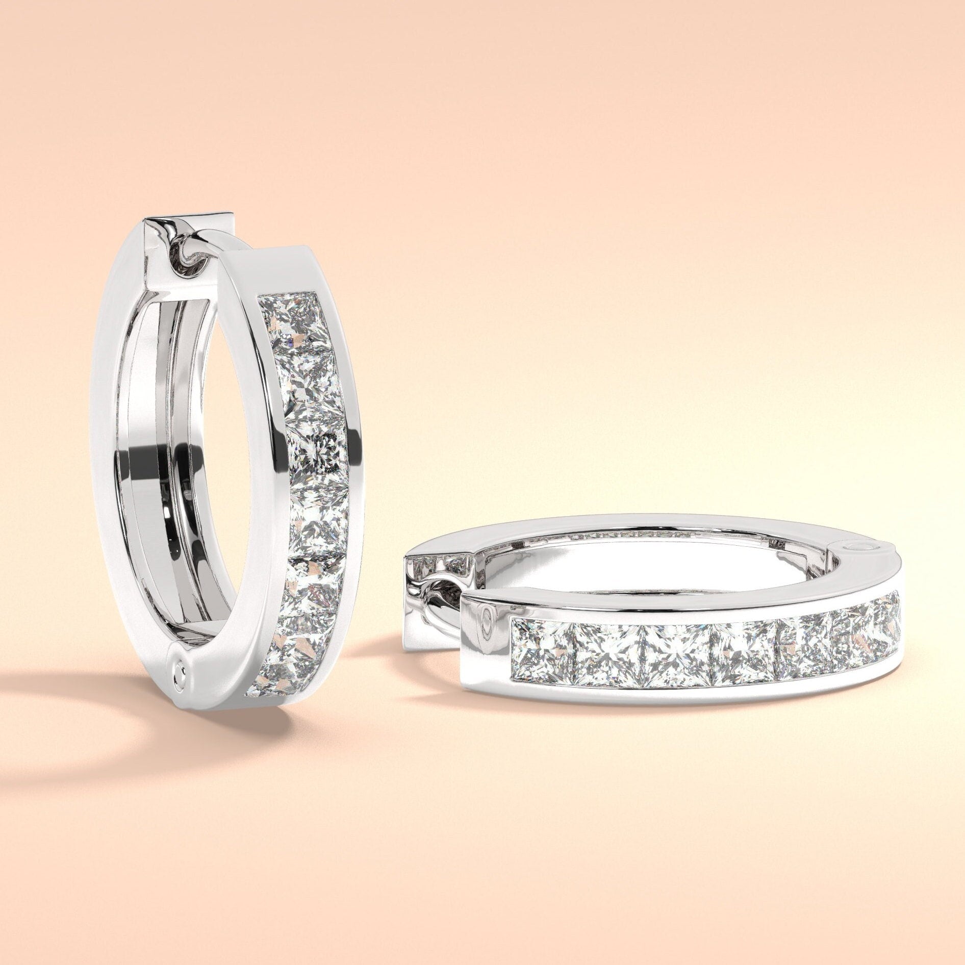 14k Gold Diamond Hoop Earrings / Channel Diamond Huggie Earrings / Anniversary Birthday Graduation Bridal Wedding Gift