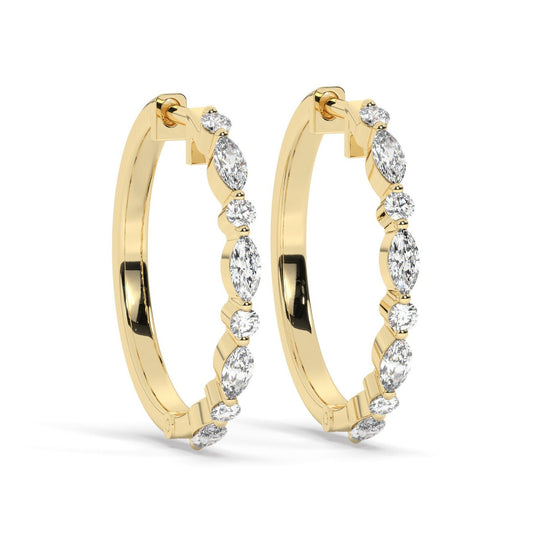 14k Gold Round and Marquise Alternating Diamond Hoop Earrings / Diamond Huggie Earrings/ Bridal Wedding Gift for her/ Fancy Hoop Earrings