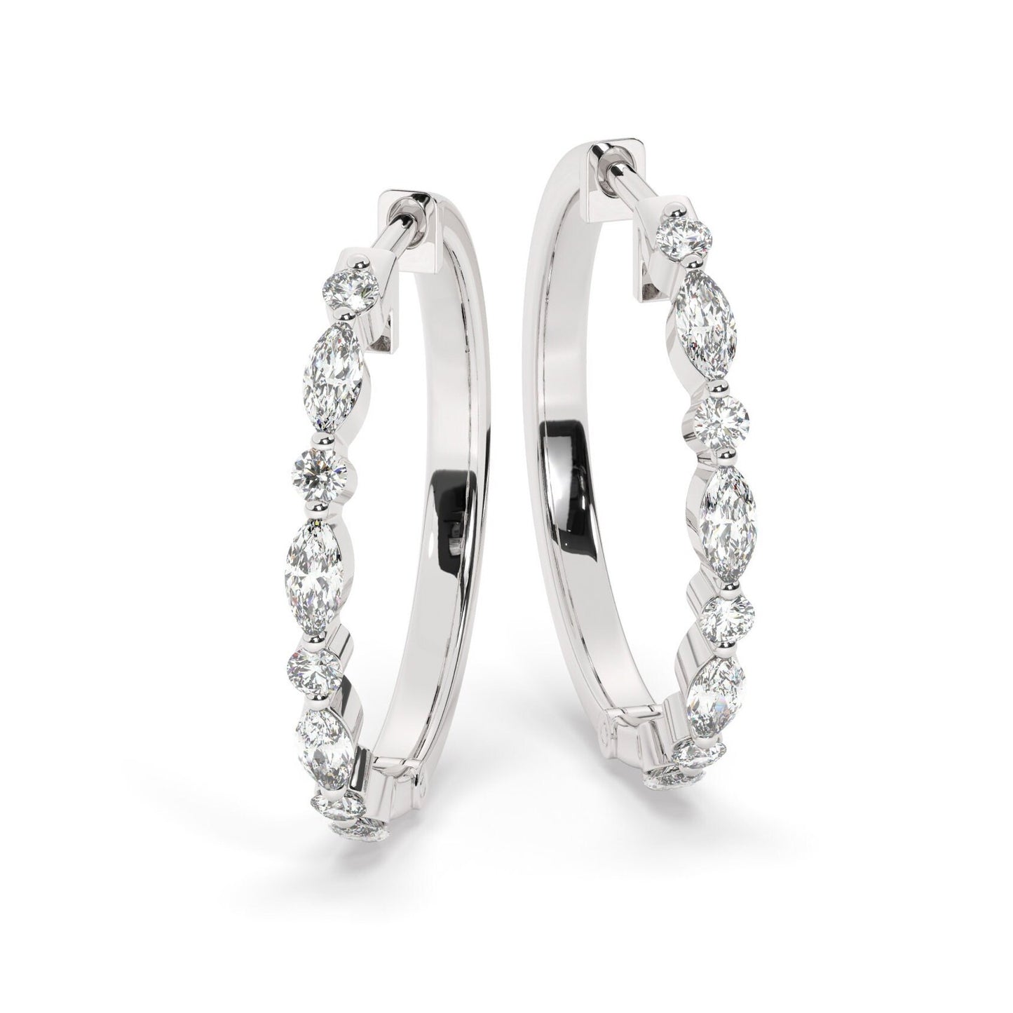 14k Gold Round and Marquise Alternating Diamond Hoop Earrings / Diamond Huggie Earrings/ Bridal Wedding Gift for her/ Fancy Hoop Earrings