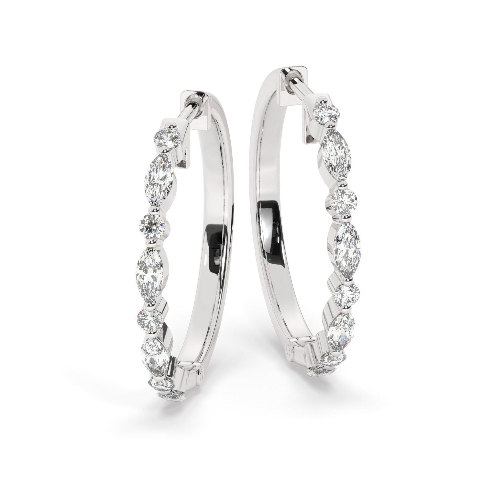 14k Gold Round and Marquise Alternating Diamond Hoop Earrings / Diamond Huggie Earrings/ Bridal Wedding Gift for her/ Fancy Hoop Earrings