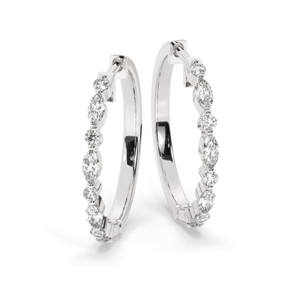 14k Gold Round and Marquise Alternating Diamond Hoop Earrings / Diamond Huggie Earrings/ Bridal Wedding Gift for her/ Fancy Hoop Earrings