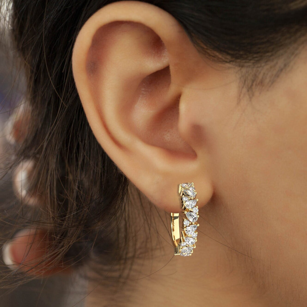 14k Gold Alternating Pear and Round Diamond Hoops / Anniversary Birthday Bridal Wedding Gift for her/ Fancy Diamond Hoop Earrings