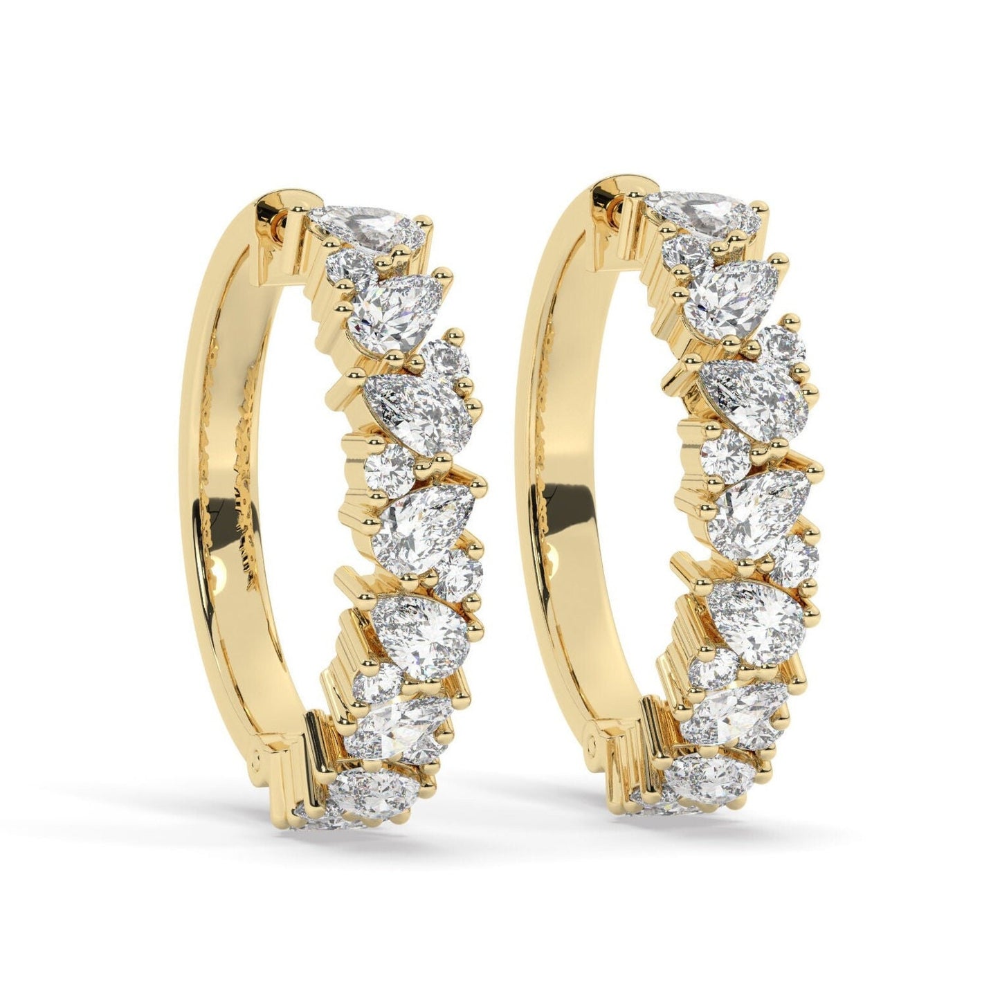 14k Gold Alternating Pear and Round Diamond Hoops / Anniversary Birthday Bridal Wedding Gift for her/ Fancy Diamond Hoop Earrings