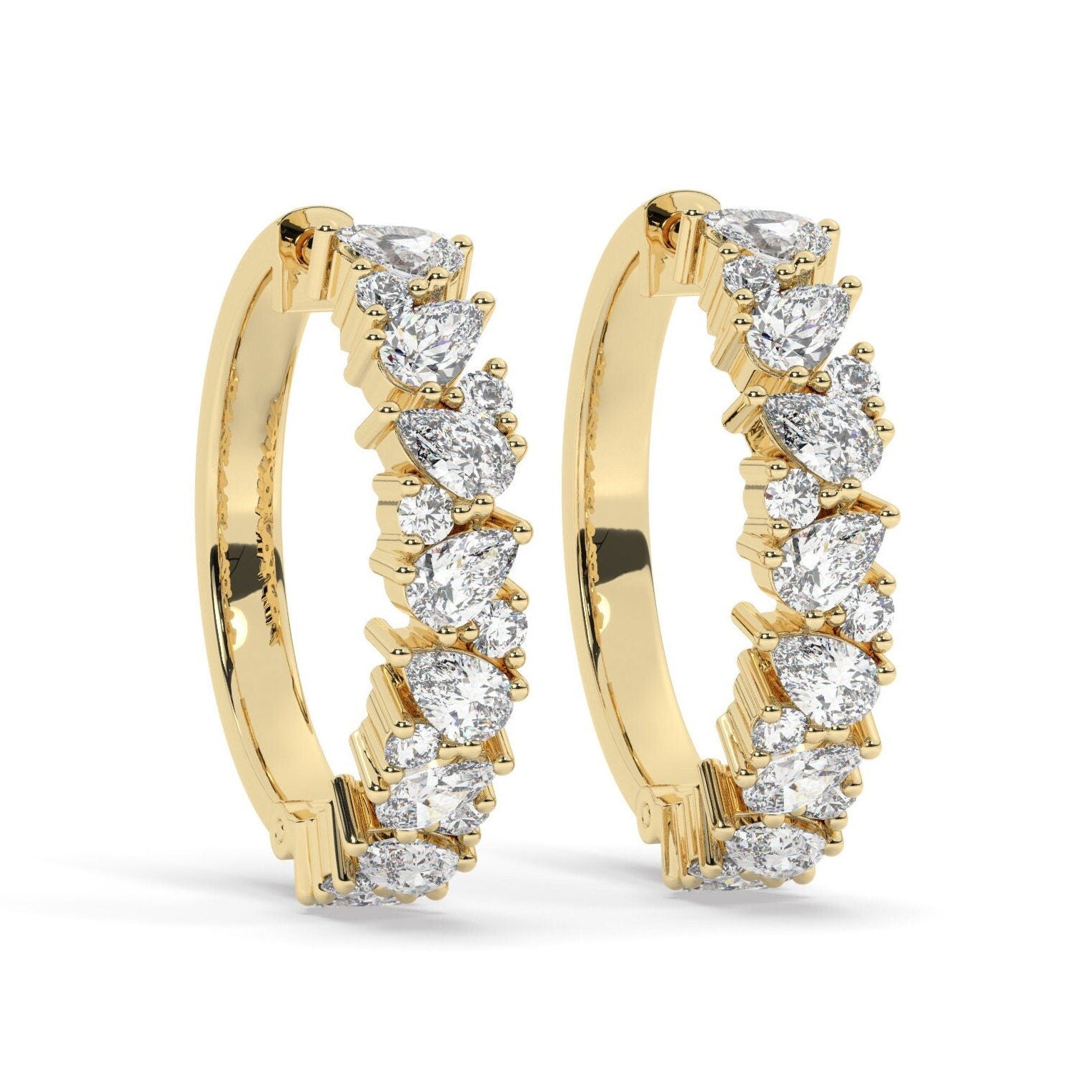 14k Gold Alternating Pear and Round Diamond Hoops / Anniversary Birthday Bridal Wedding Gift for her/ Fancy Diamond Hoop Earrings