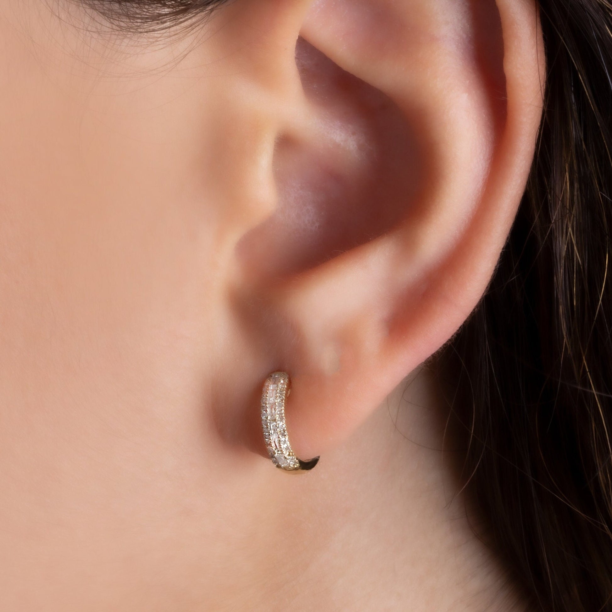 14k Gold Baguette Double Row Diamond Small Hoop Huggie Earrings/ Anniversary Birthday Bridal Wedding Gift for her/ Classic dainty earrings