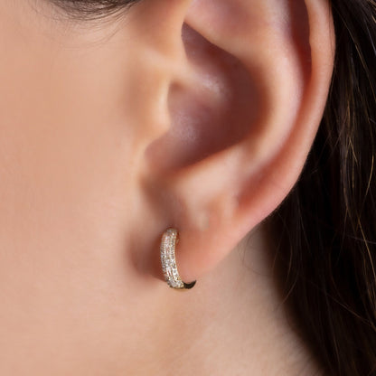 14k Gold Baguette Double Row Diamond Small Hoop Huggie Earrings/ Anniversary Birthday Bridal Wedding Gift for her/ Classic dainty earrings