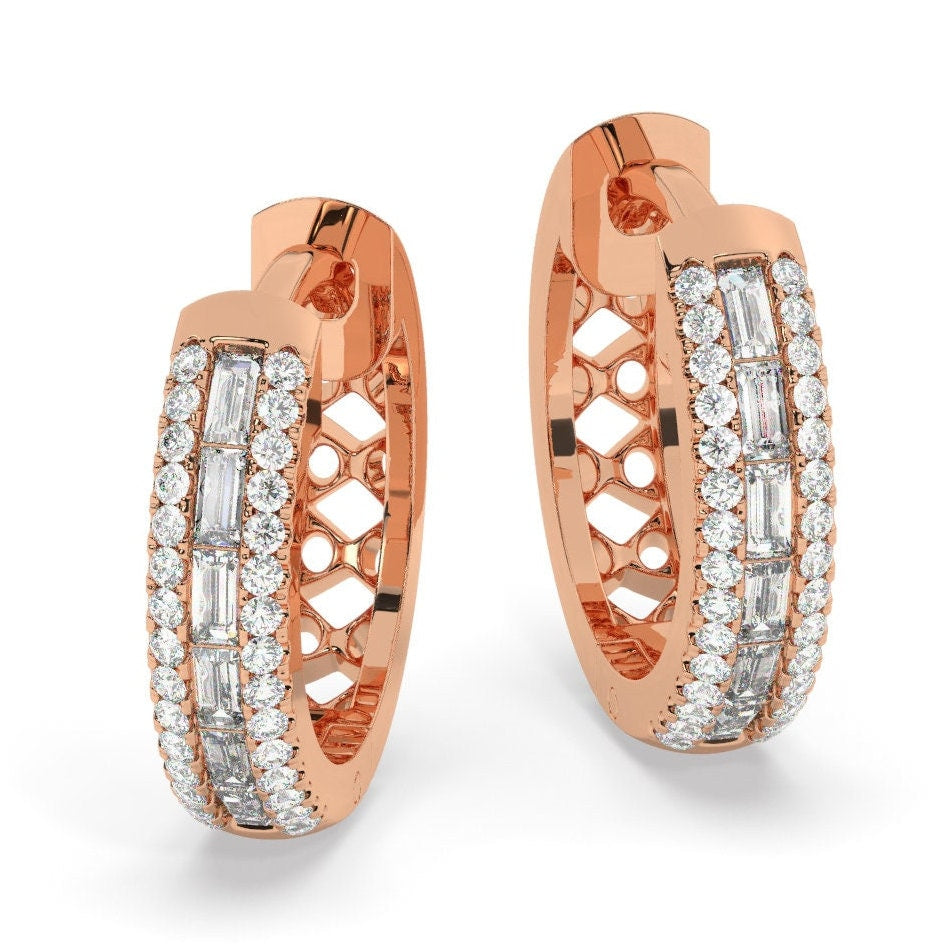 14k Gold Baguette Double Row Diamond Small Hoop Huggie Earrings/ Anniversary Birthday Bridal Wedding Gift for her/ Classic dainty earrings