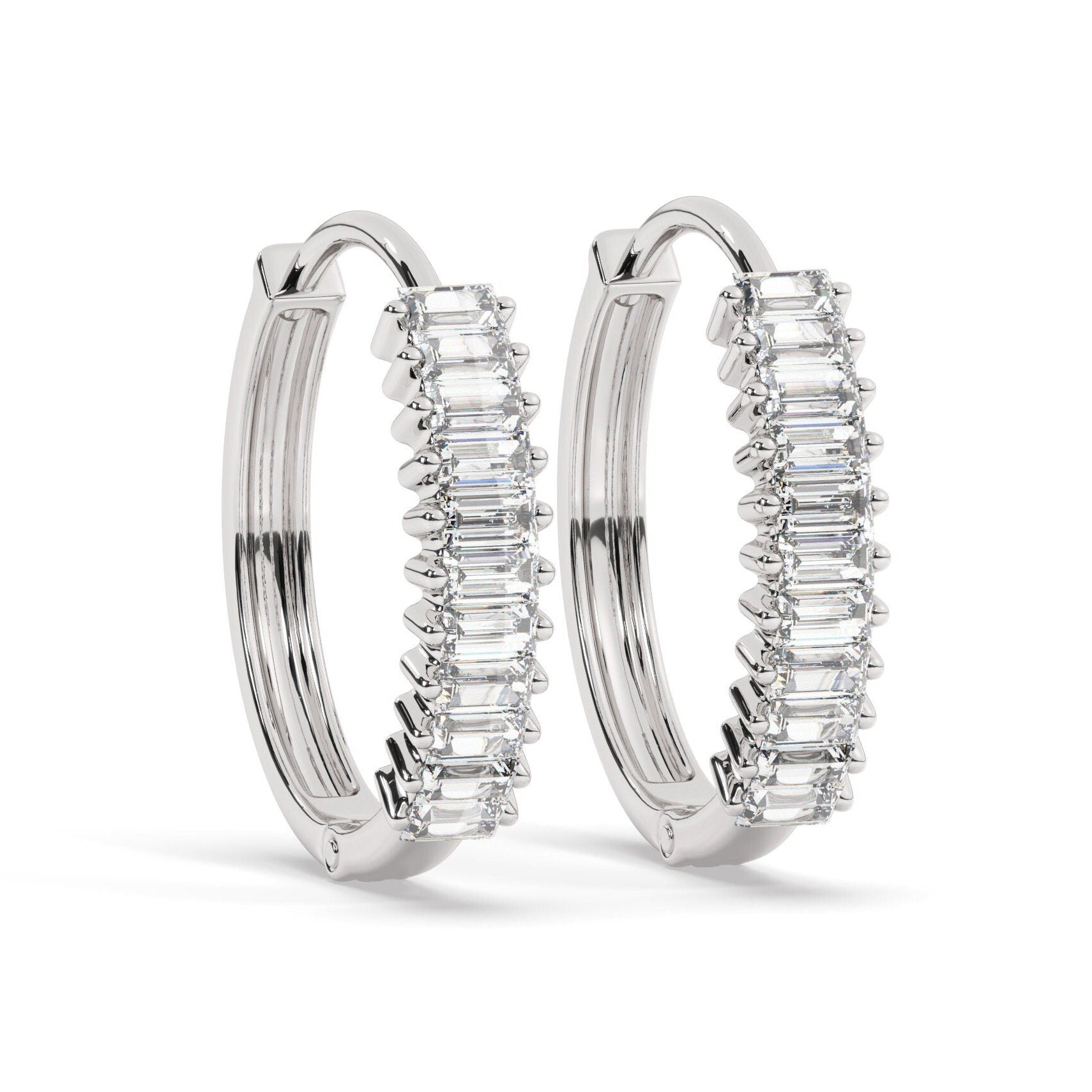 Baguette Diamond Hoop Earrings / 14k Diamond Hoop Earrings / Diamond Huggie Earrings/ Gift