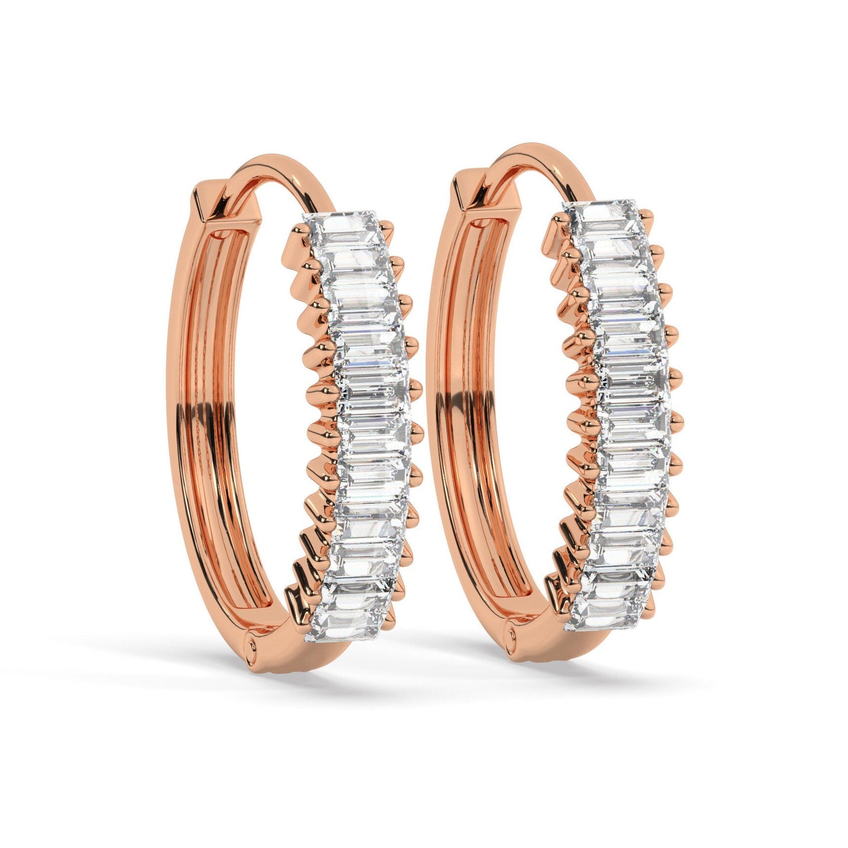 Baguette Diamond Hoop Earrings / 14k Diamond Hoop Earrings / Diamond Huggie Earrings/ Gift