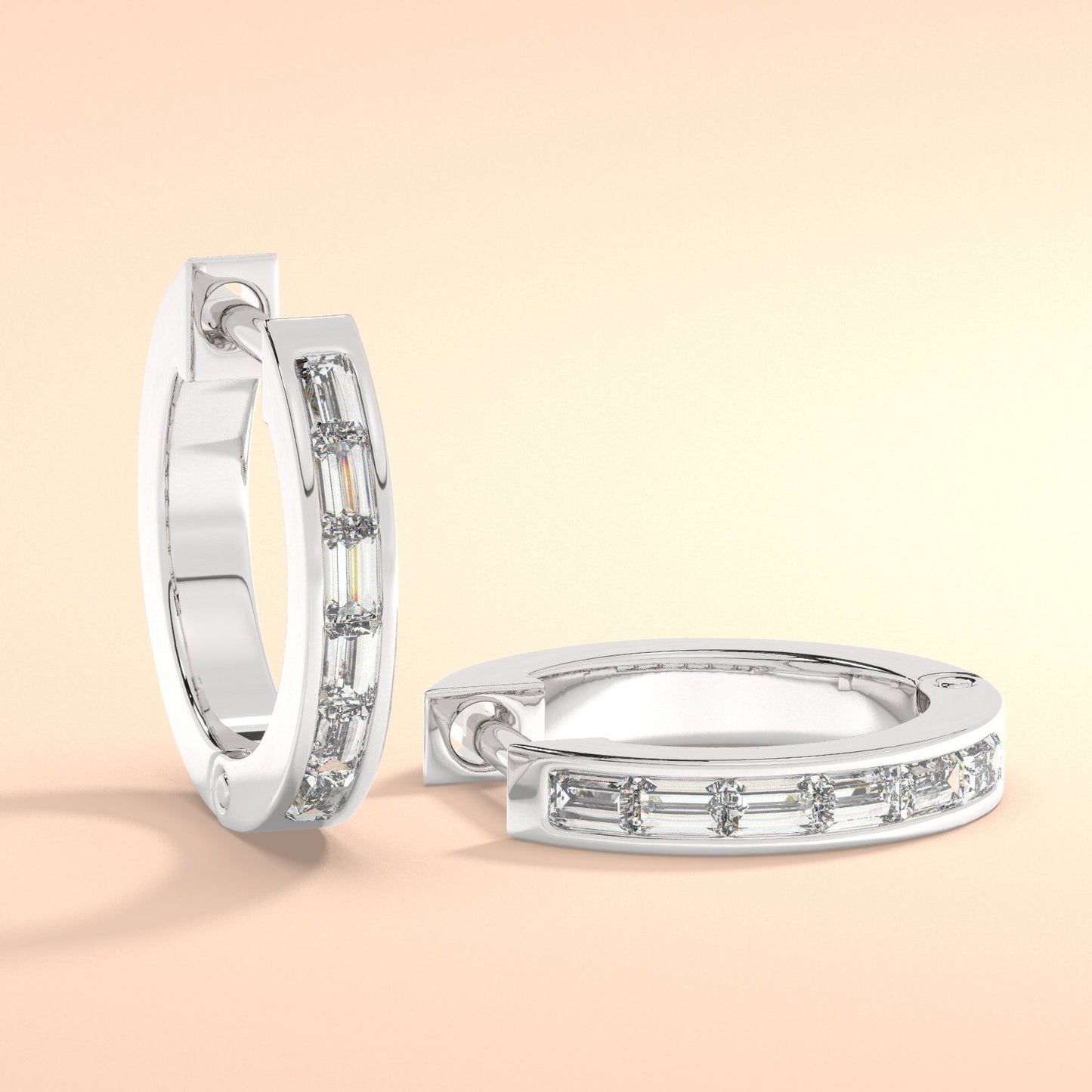 Diamond Hoop Earrings / 14k Gold Baguette Diamond Hoop Earrings /Diamond Huggie Earrings/ Gift