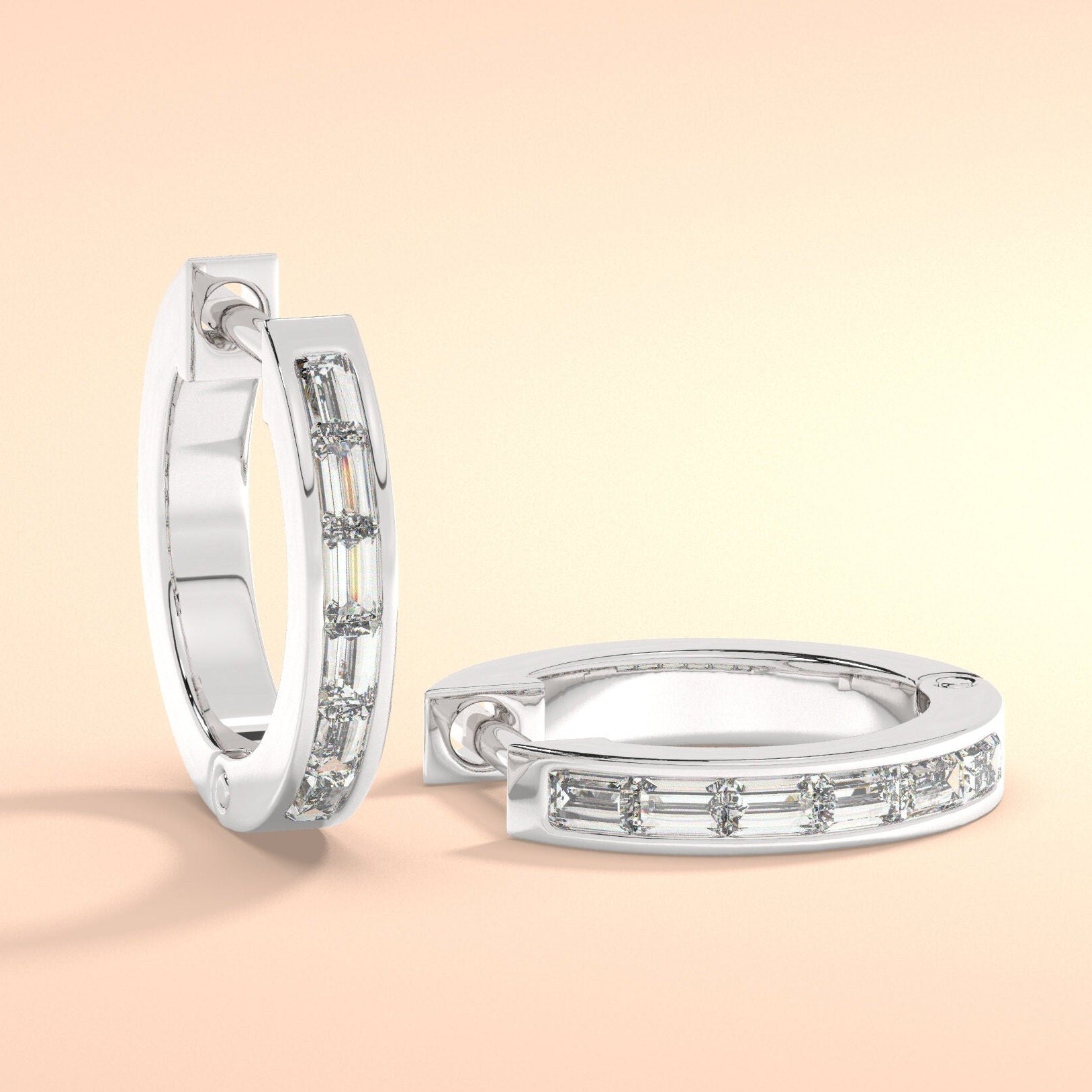 Diamond Hoop Earrings / 14k Gold Baguette Diamond Hoop Earrings /Diamond Huggie Earrings/ Gift