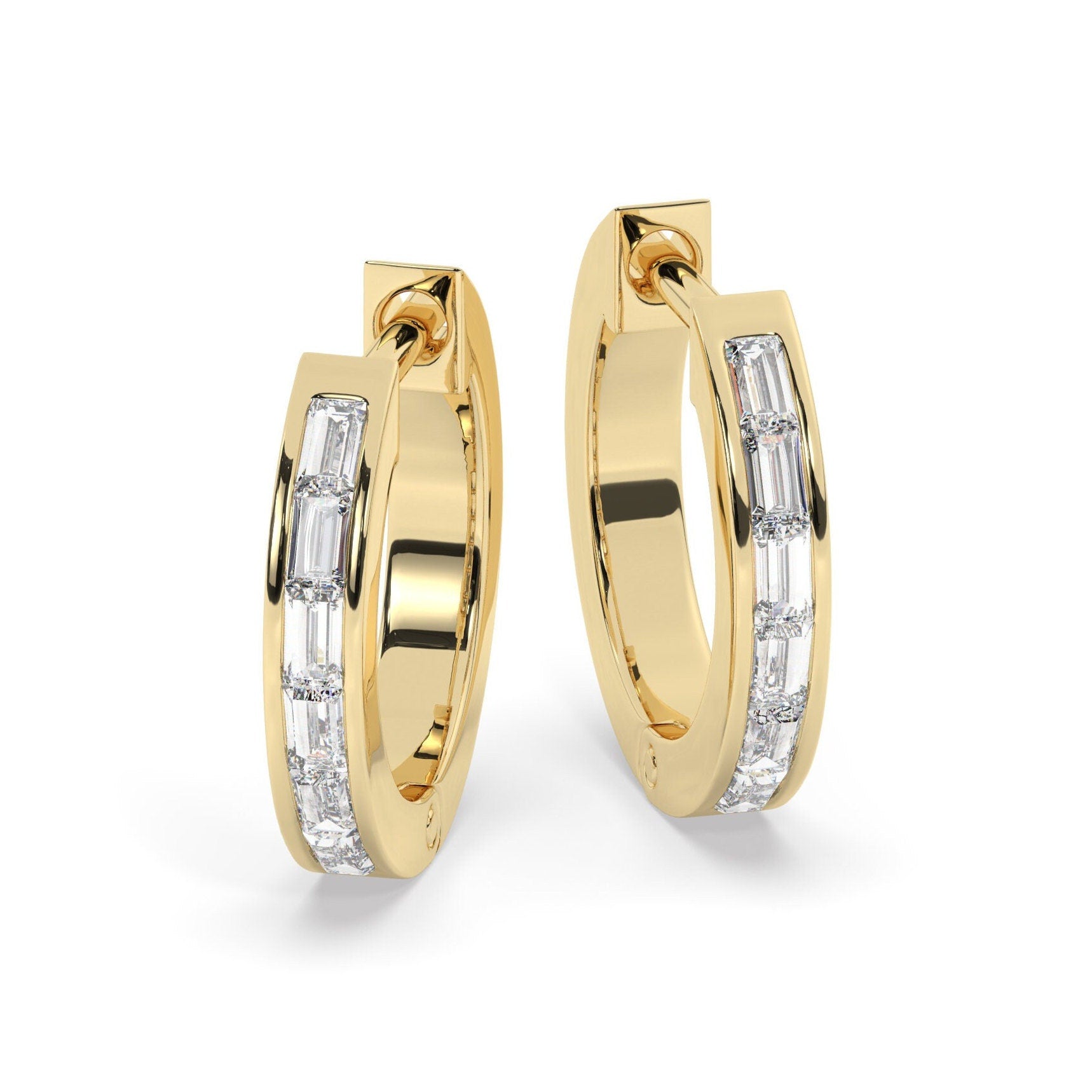 Diamond Hoop Earrings / 14k Gold Baguette Diamond Hoop Earrings /Diamond Huggie Earrings/ Gift