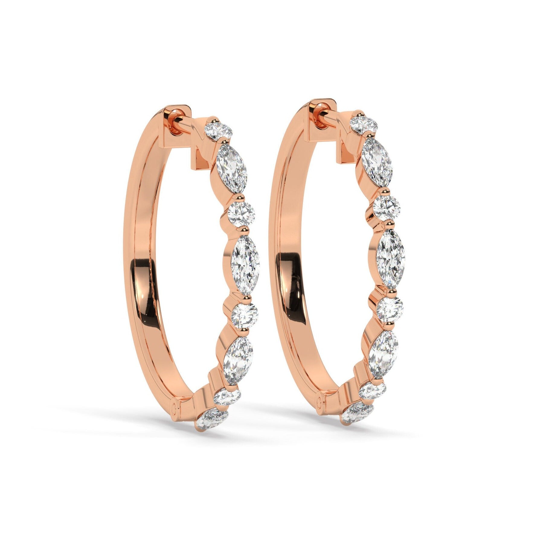 14k Gold Round and Marquise Alternating Diamond Hoop Earrings / Diamond Huggie Earrings/ Bridal Wedding Gift for her/ Fancy Hoop Earrings