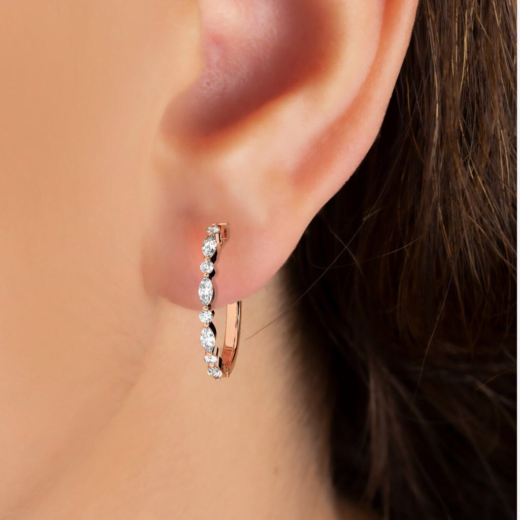 14k Gold Round and Marquise Alternating Diamond Hoop Earrings / Diamond Huggie Earrings/ Bridal Wedding Gift for her/ Fancy Hoop Earrings