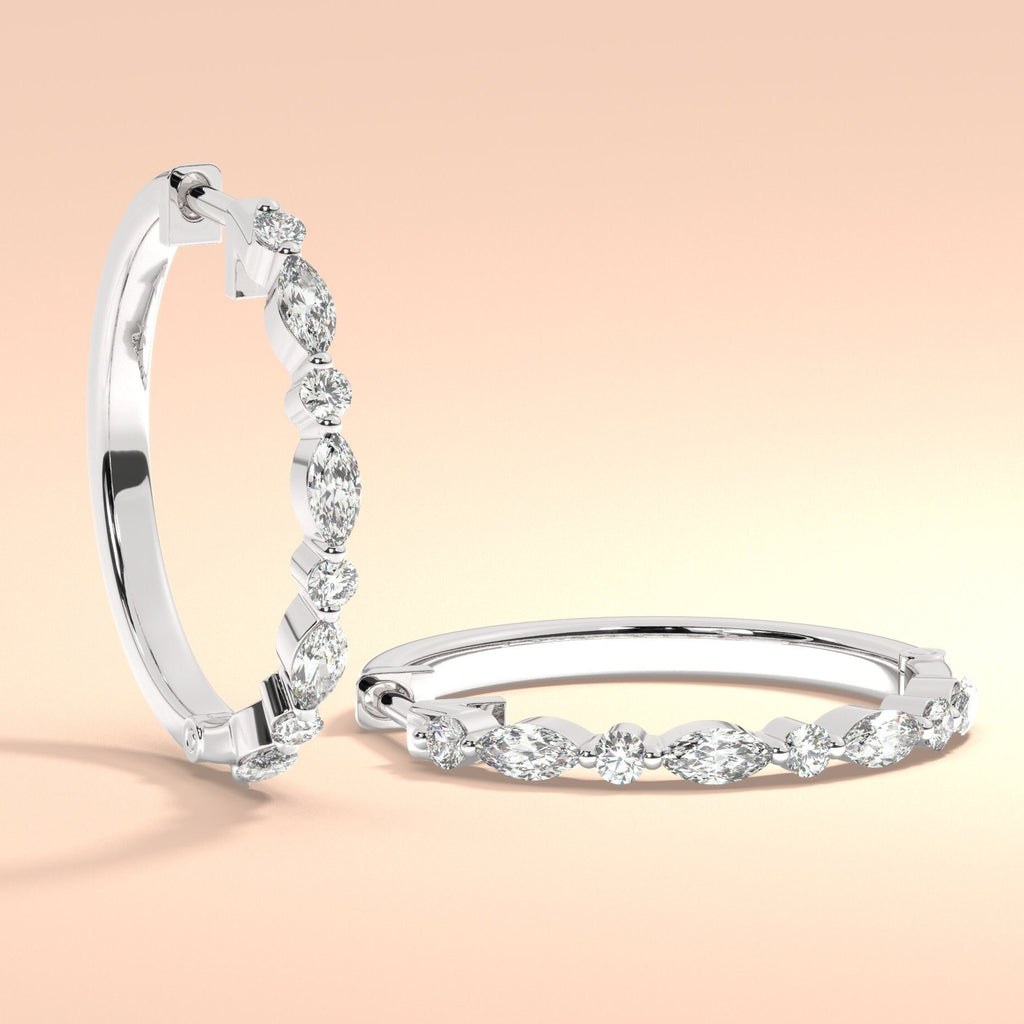 14k Gold Round and Marquise Alternating Diamond Hoop Earrings / Diamond Huggie Earrings/ Bridal Wedding Gift for her/ Fancy Hoop Earrings
