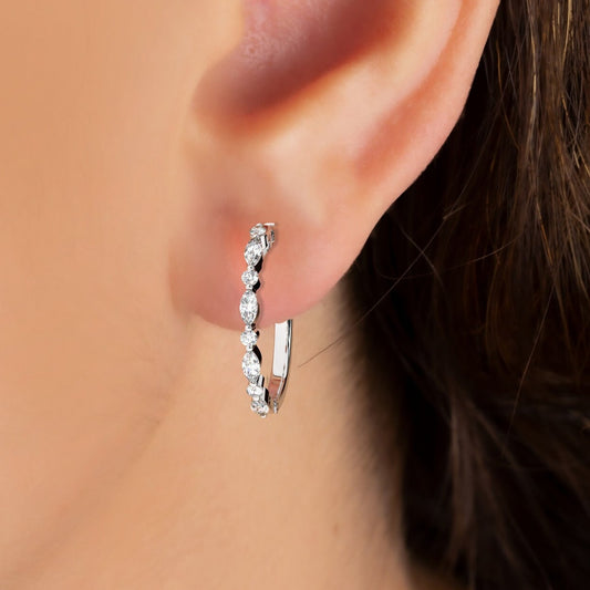 14k Gold Round and Marquise Alternating Diamond Hoop Earrings / Diamond Huggie Earrings/ Bridal Wedding Gift for her/ Fancy Hoop Earrings