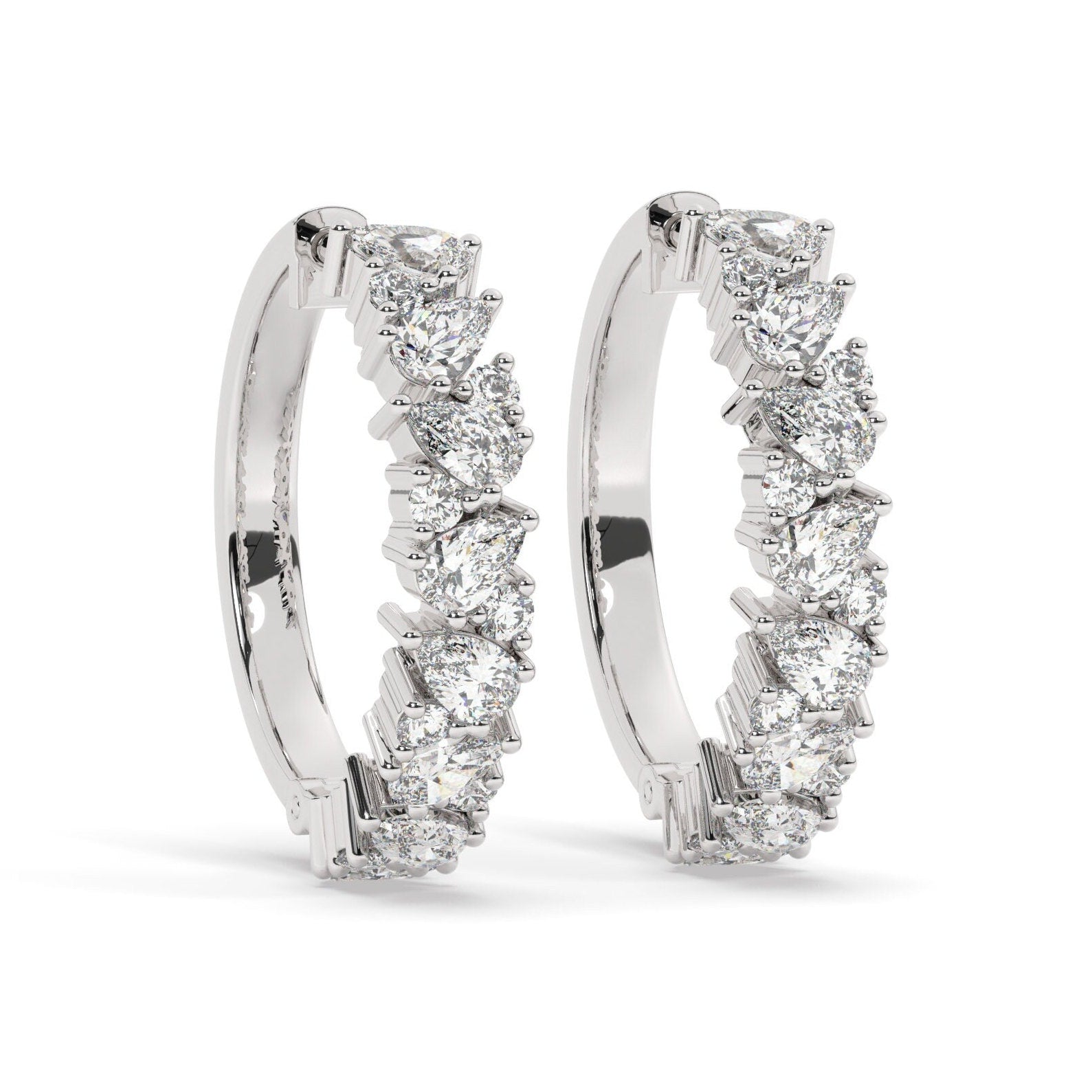 14k Gold Alternating Pear and Round Diamond Hoops / Anniversary Birthday Bridal Wedding Gift for her/ Fancy Diamond Hoop Earrings