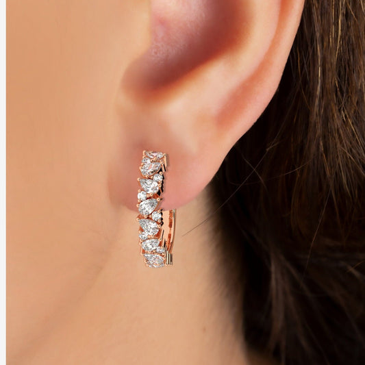 14k Gold Alternating Pear and Round Diamond Hoops / Anniversary Birthday Bridal Wedding Gift for her/ Fancy Diamond Hoop Earrings