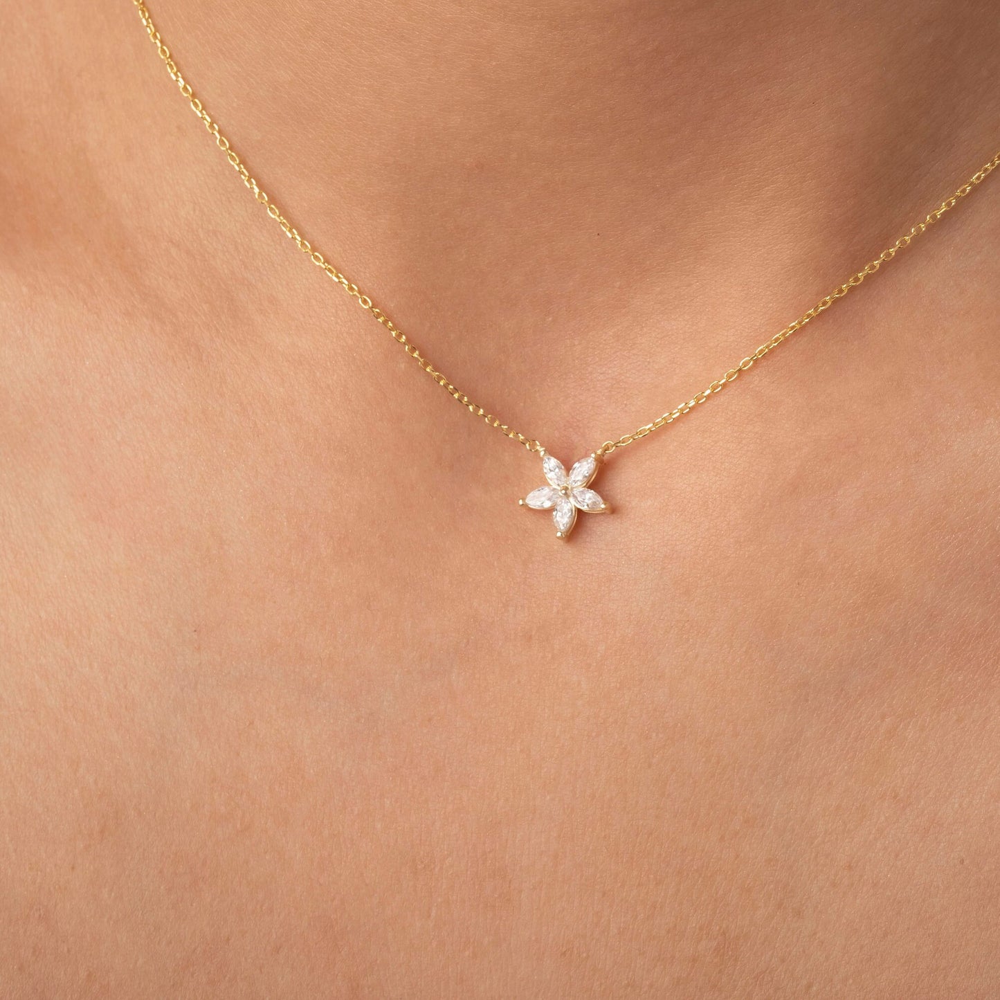14k Gold Flower Diamond Necklace | Flower Petal Necklace | Marquise Diamond Necklace | Flower Pendant | Gift for Women | Bridesmaid Gift