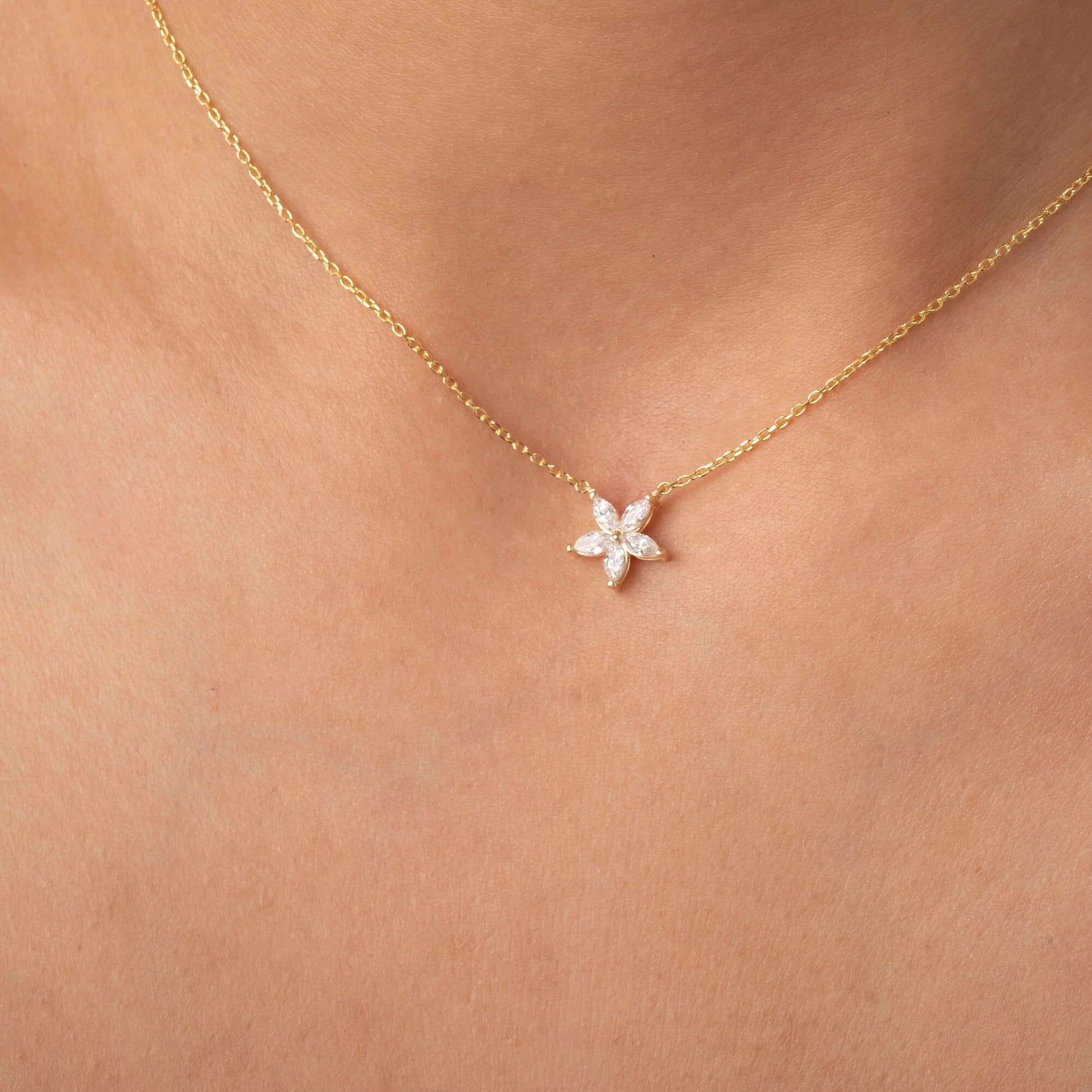 14k Gold Flower Diamond Necklace | Flower Petal Necklace | Marquise Diamond Necklace | Flower Pendant | Gift for Women | Bridesmaid Gift