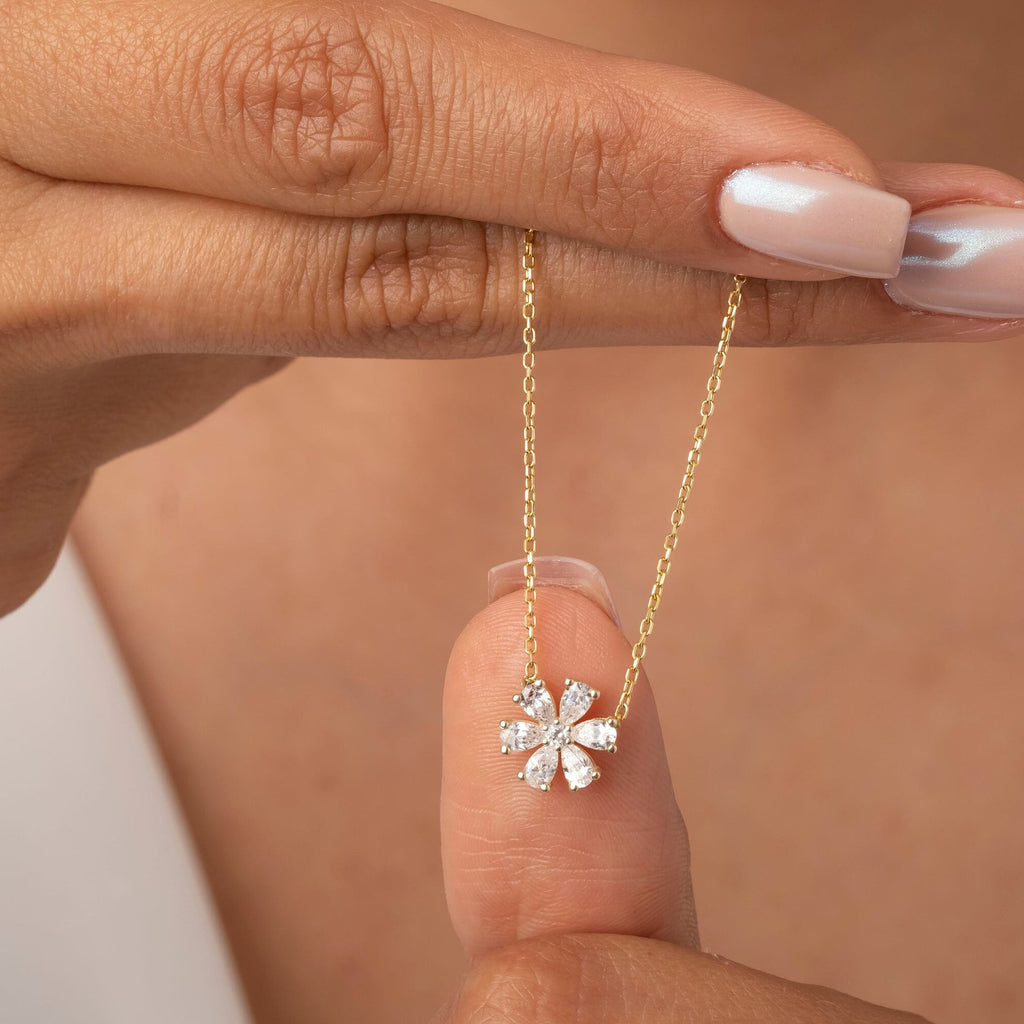 Diamond Flower Necklace | Flower Petal Necklace | Pear Round Diamond Necklace | Flower Pendant | Gift for Women | Bridesmaid Gift