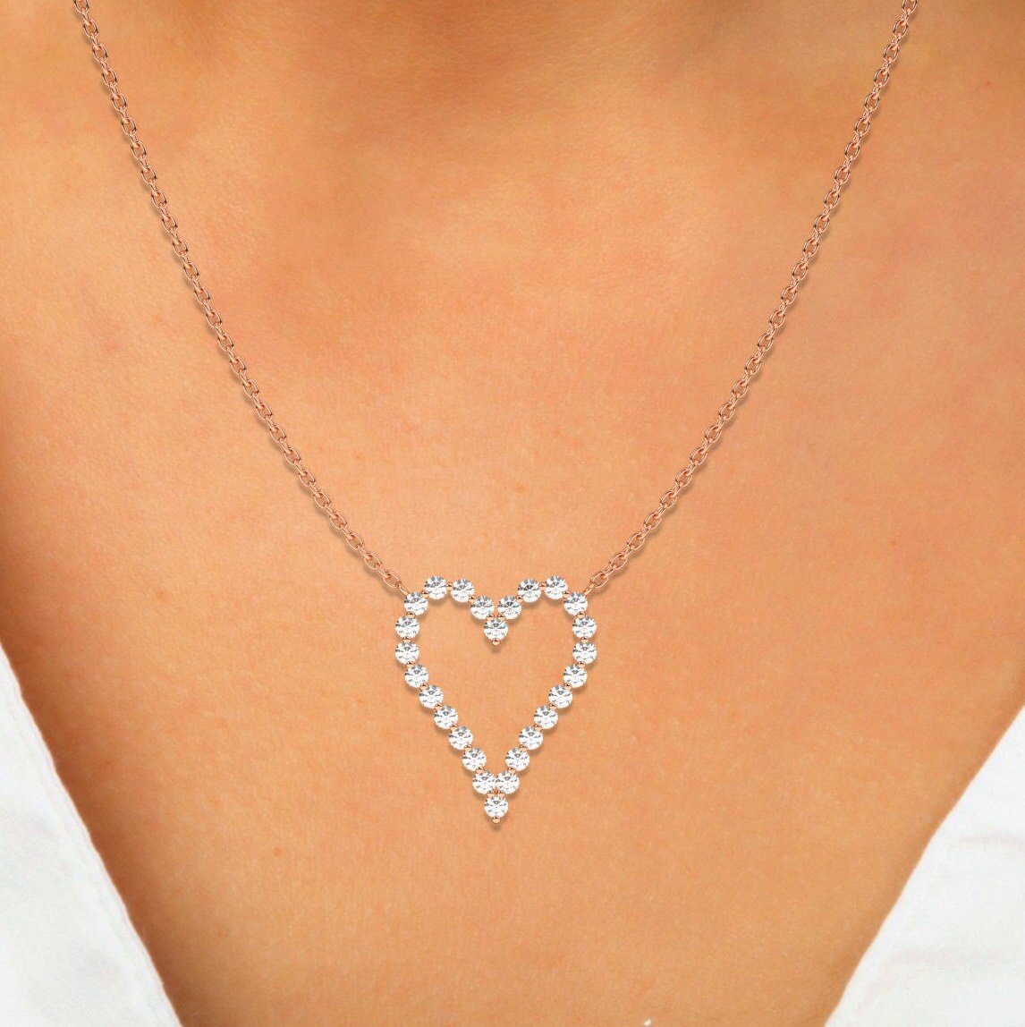 Diamond Heart Necklace / 14k Gold Diamond Curved Heart Necklace / Floating Diamond Love Jewelry