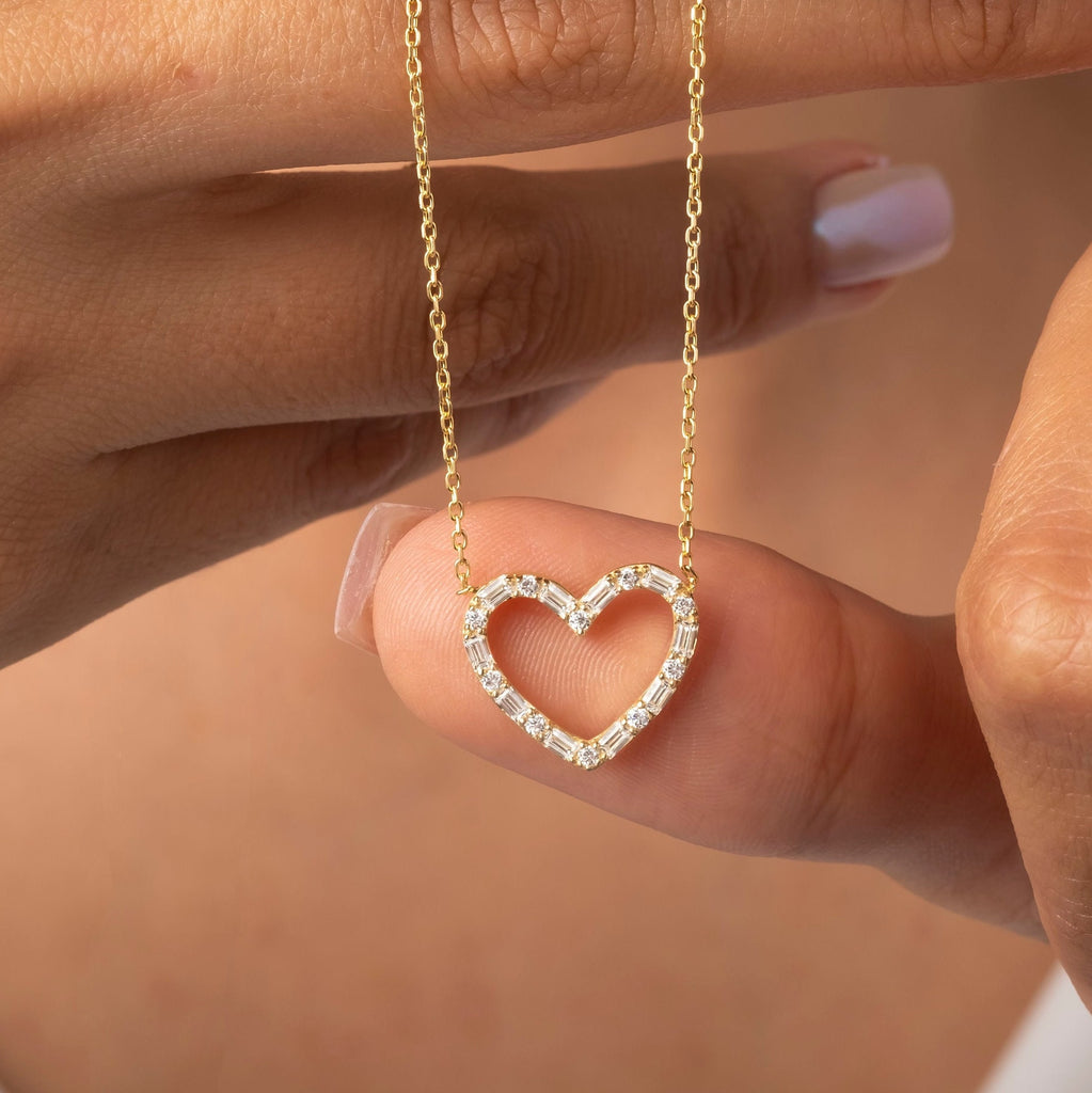 Diamond Heart Necklace / 14k Gold and Baguette Diamond Heart Necklace / Open Heart Necklace / Birthday Graduation Anniversary Bridal Gift