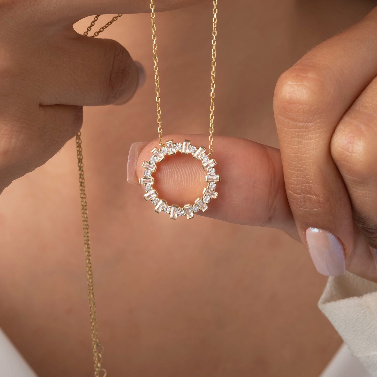 14k Gold and Diamond Circle Necklace / Baguette Round Diamond Circle Necklace / Large Diamond Circle / Circle of Life Necklace / Gold Circle