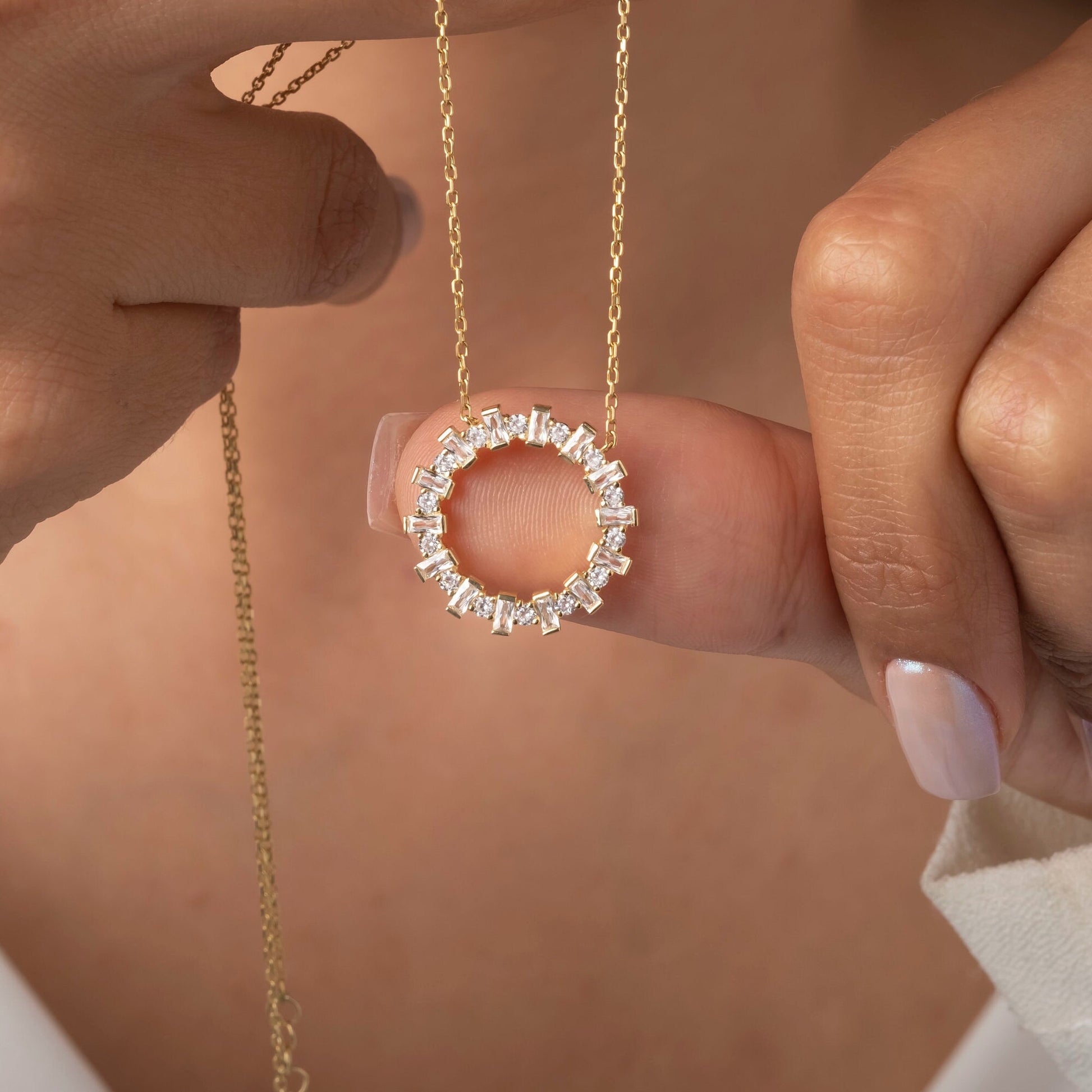 14k Gold and Diamond Circle Necklace / Baguette Round Diamond Circle Necklace / Large Diamond Circle / Circle of Life Necklace / Gold Circle