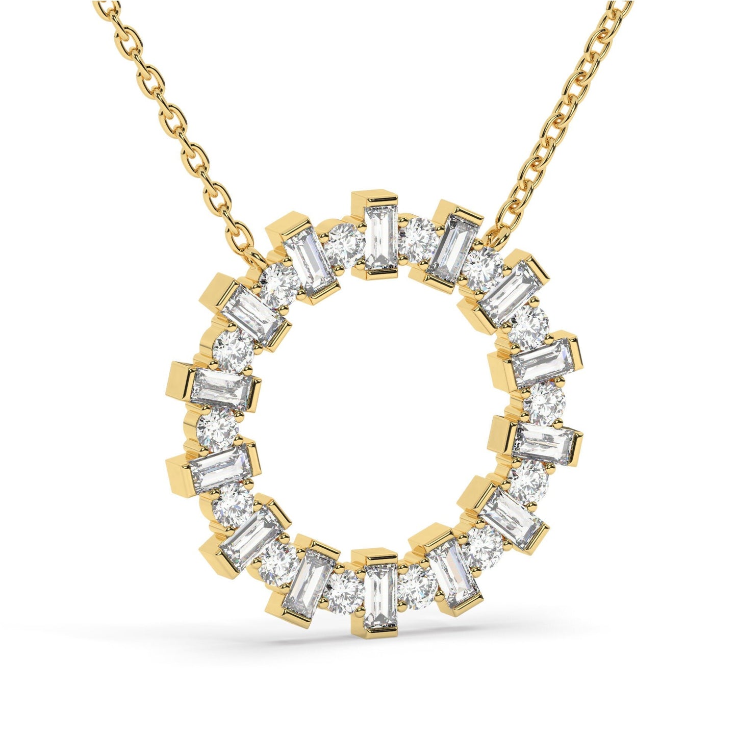 14k Gold and Diamond Circle Necklace / Baguette Round Diamond Circle Necklace / Large Diamond Circle / Circle of Life Necklace / Gold Circle