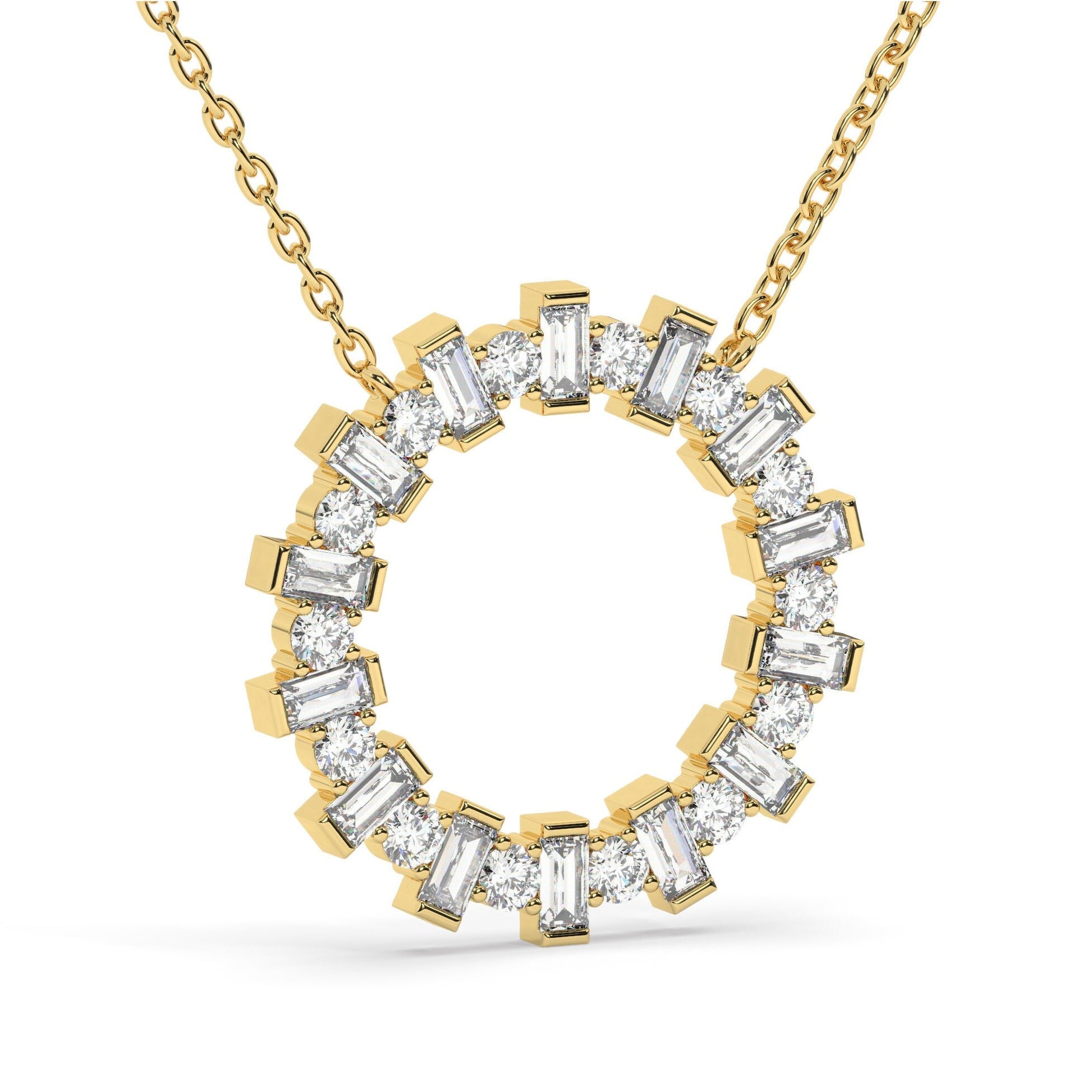 14k Gold and Diamond Circle Necklace / Baguette Round Diamond Circle Necklace / Large Diamond Circle / Circle of Life Necklace / Gold Circle
