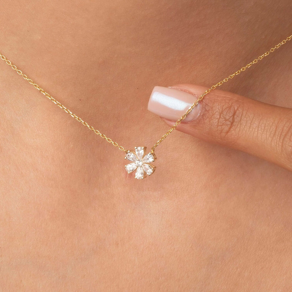 Diamond Flower Necklace | Flower Petal Necklace | Pear Round Diamond Necklace | Flower Pendant | Gift for Women | Bridesmaid Gift