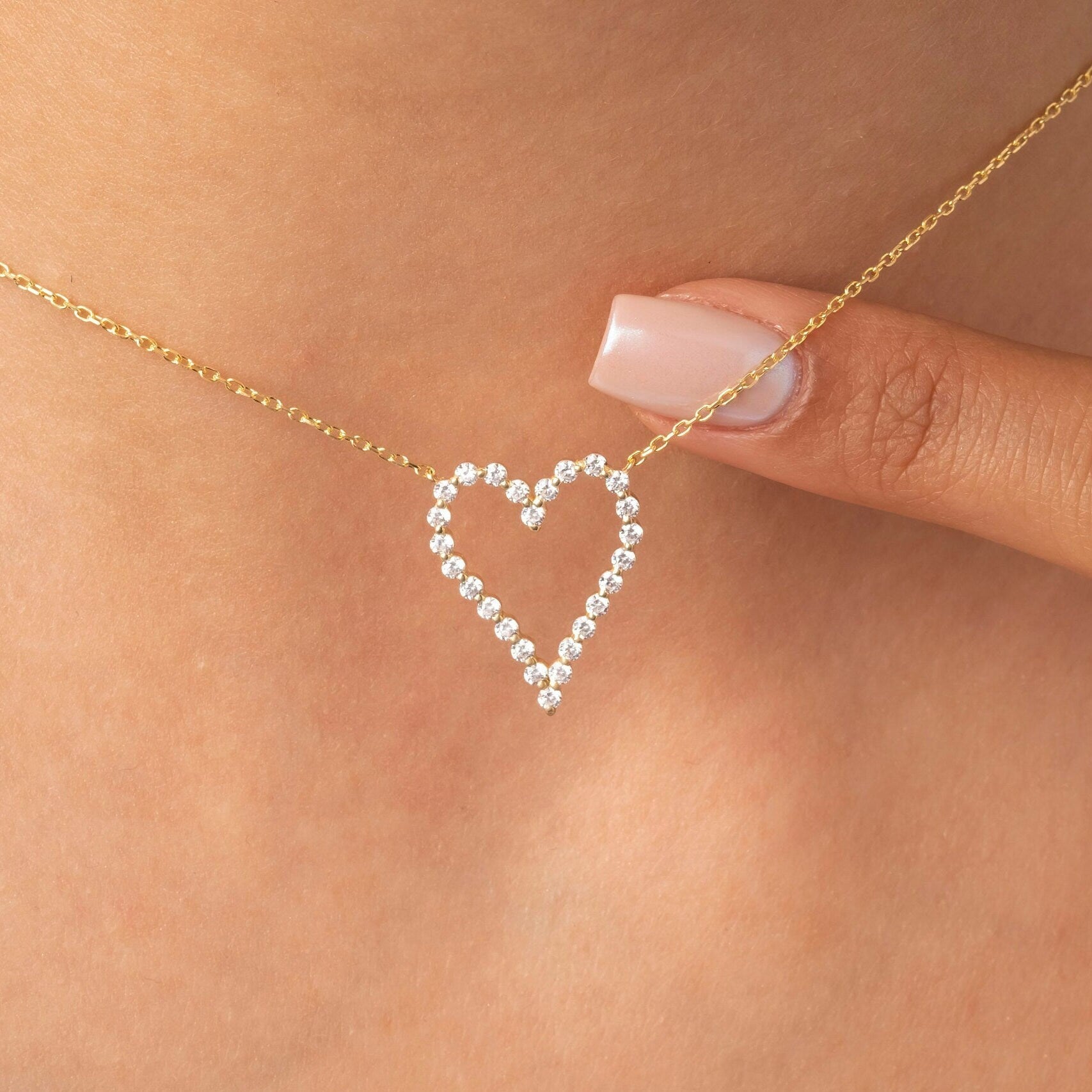 Diamond Heart Necklace / 14k Gold Diamond Curved Heart Necklace / Floating Diamond Love Jewelry