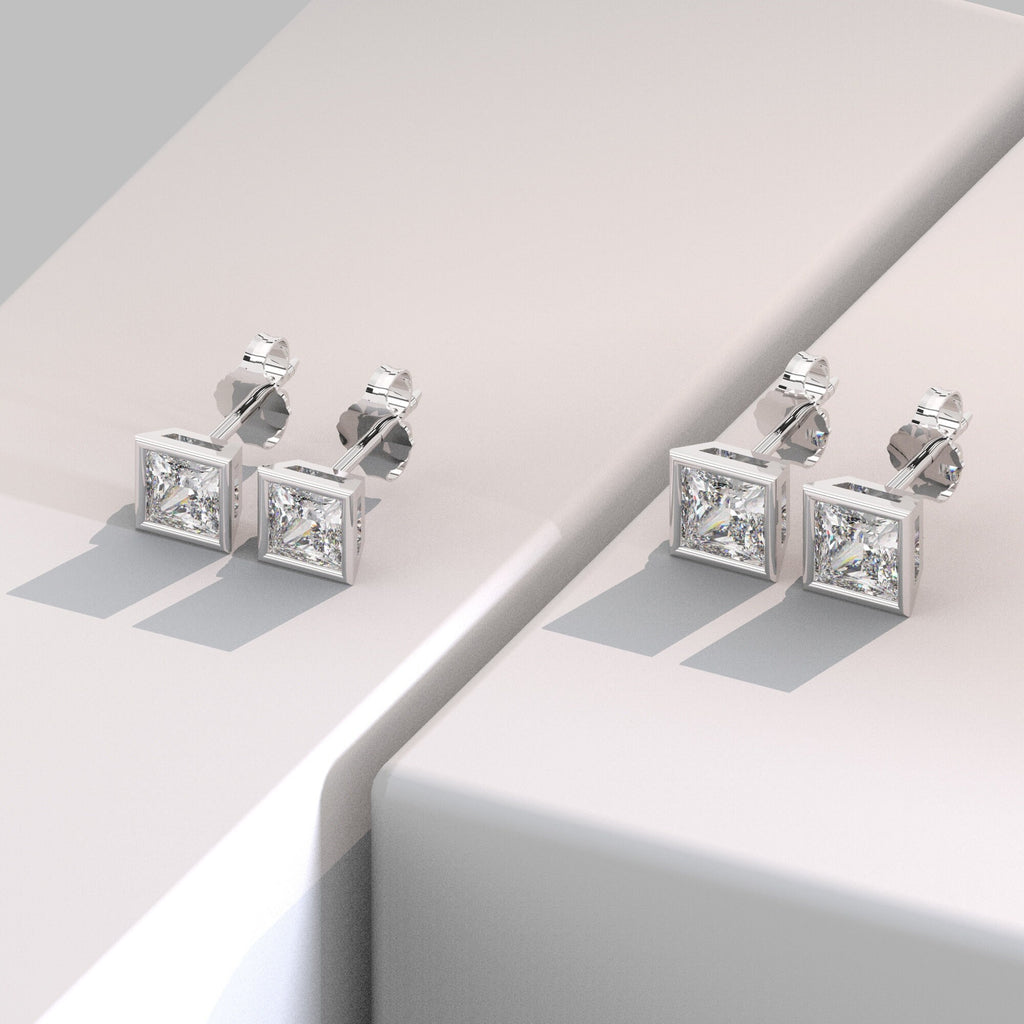 Princess Cut Diamond Studs / 14k Gold Diamond Bezel Set Stud Earrings / 0.10 - 0.50 ct Diamond Studs / Princess Solitaire Studs