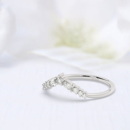 Curved Round Diamond Wedding Band / 14k Gold V Shape Marquise Diamond Wedding Ring / Curved Stacking Ring / Diamond Chevron Ring