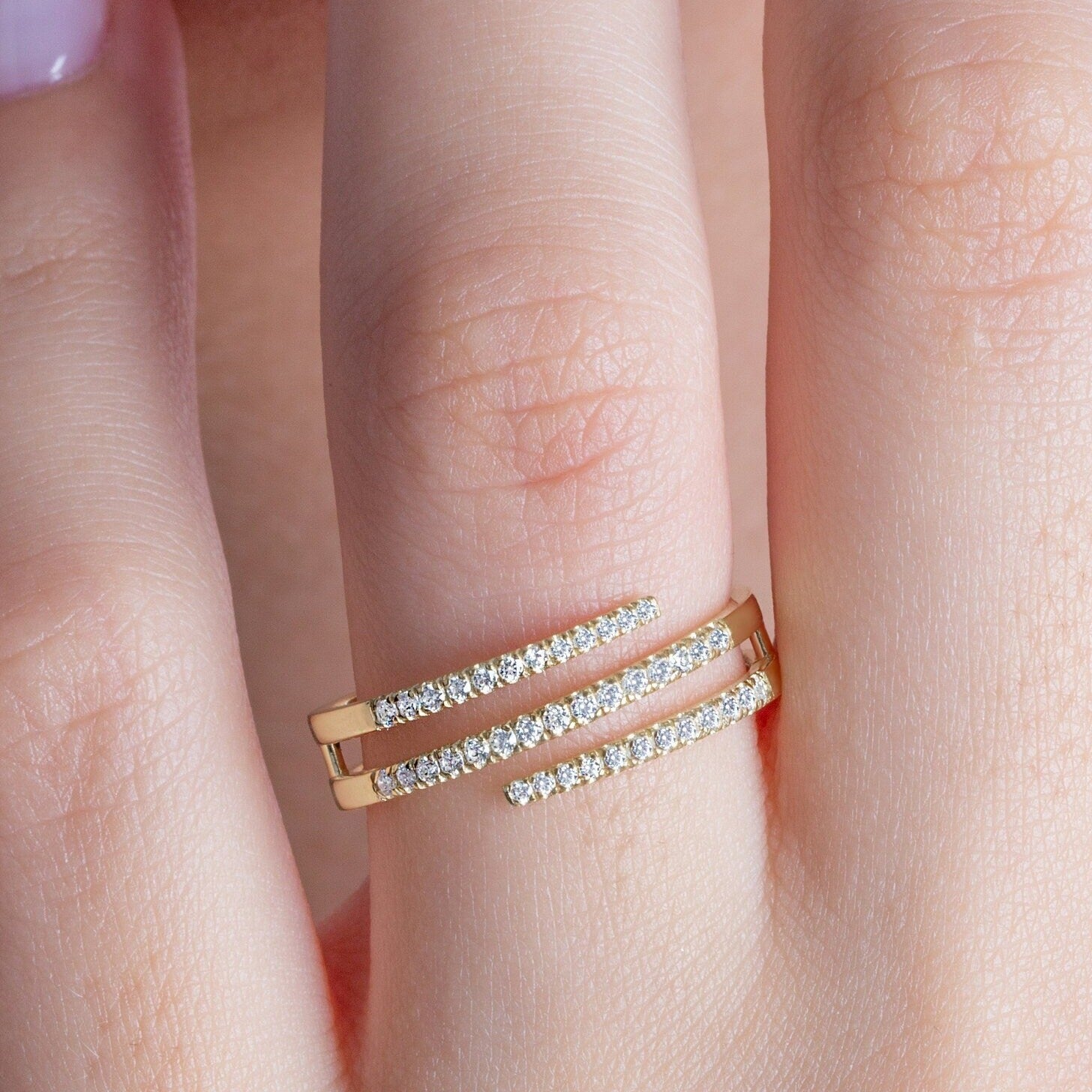 Diamond Spiral Cuff Ring / 14k Gold Spiral Diamond Cuff Ring / Anniversary Ring / Wedding Band / Stacking Ring / Bridal Gift / Birthday Gift