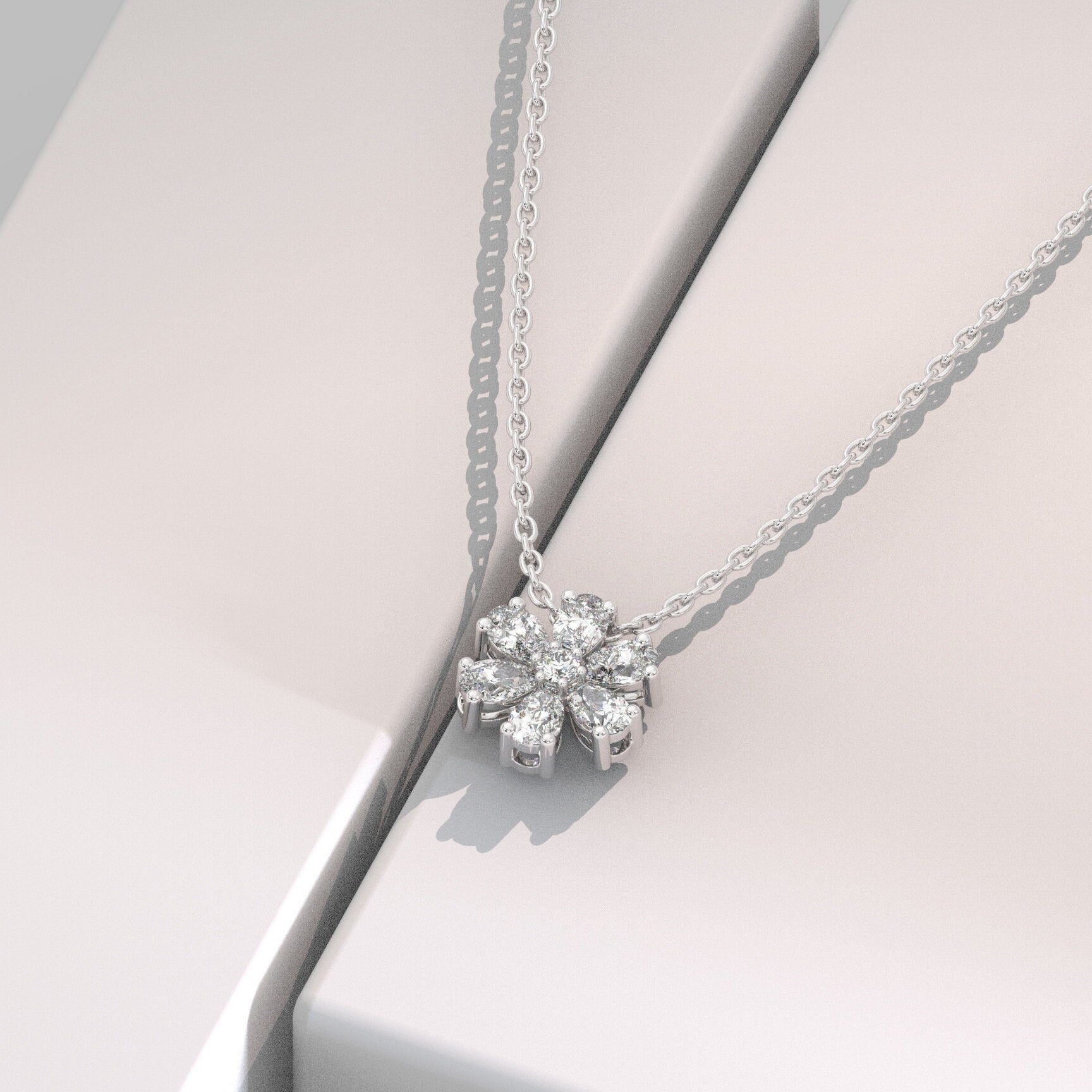 Diamond Flower Necklace | Flower Petal Necklace | Pear Round Diamond Necklace | Flower Pendant | Gift for Women | Bridesmaid Gift