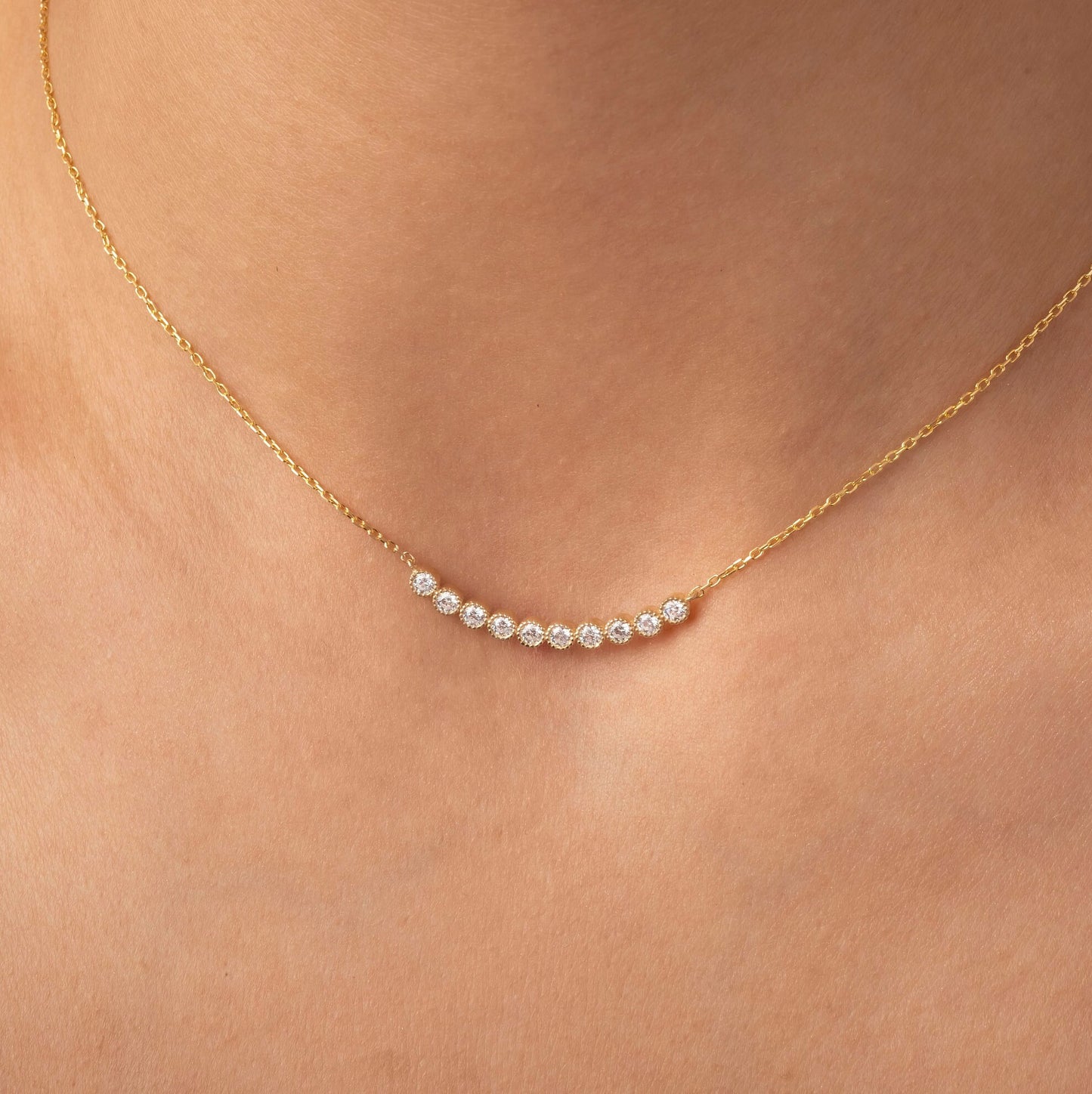 Diamond Curved Bar Necklace / Minimalist Curved Bar Necklace / Half Carat 14K Gold and Diamond Dainty Bar Necklace / Diamond Birthday Gift