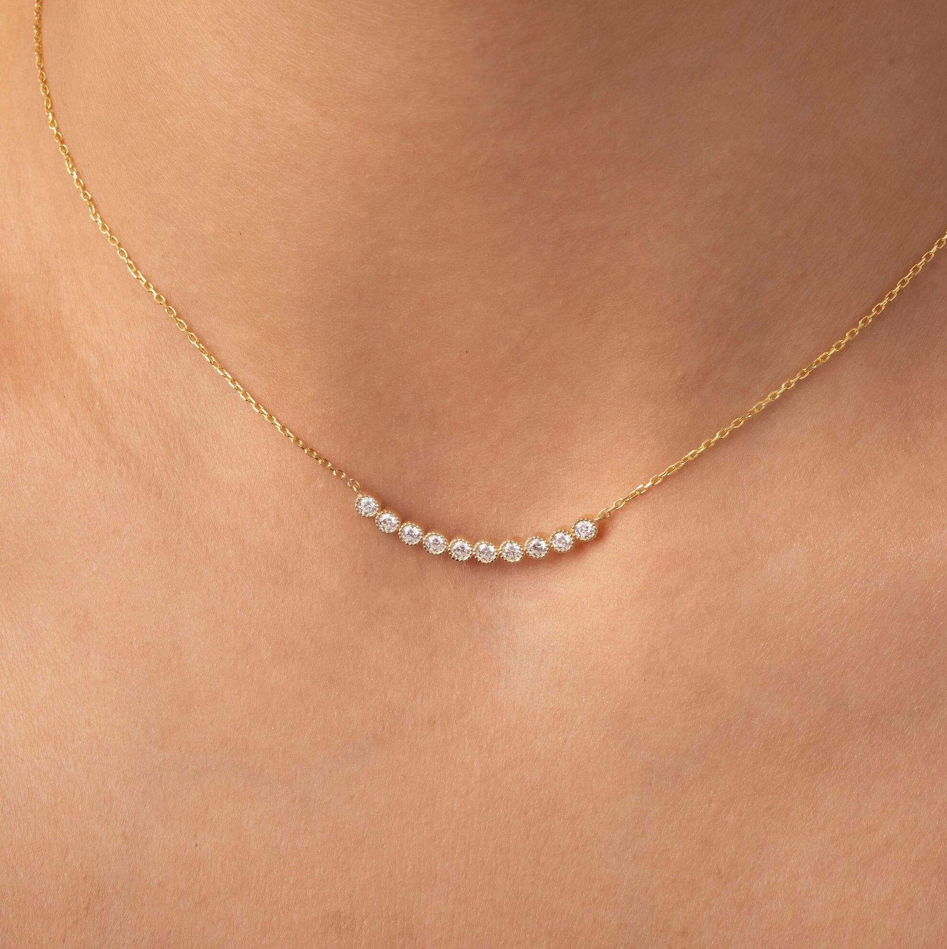 Diamond Curved Bar Necklace / Minimalist Curved Bar Necklace / Half Carat 14K Gold and Diamond Dainty Bar Necklace / Diamond Birthday Gift