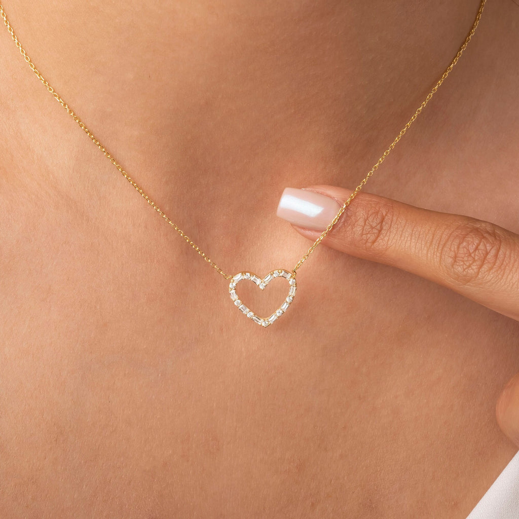 Diamond Heart Necklace / 14k Gold and Baguette Diamond Heart Necklace / Open Heart Necklace / Birthday Graduation Anniversary Bridal Gift