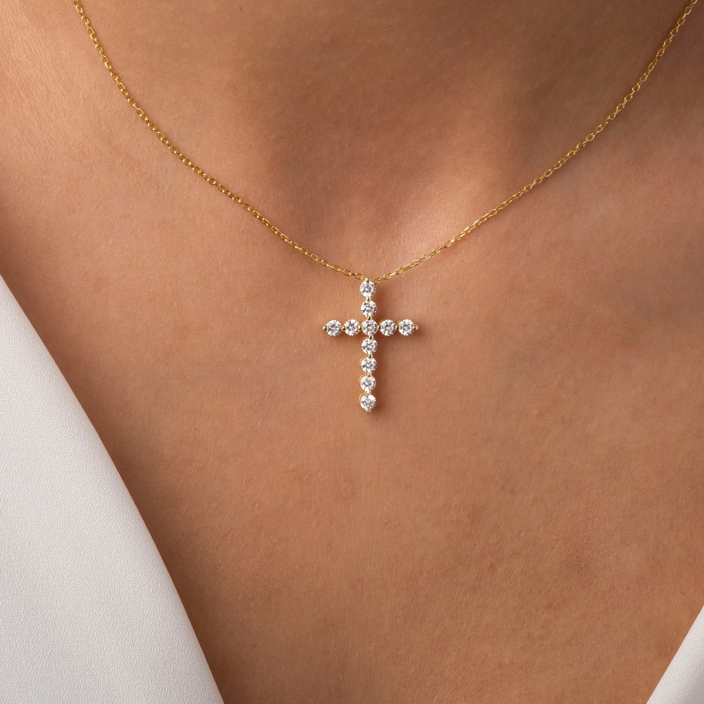 14k Gold Diamond Cross Necklace / 1 CT Floating Diamond Cross Necklace / Moissanite Lab Diamond / Fine jewelry / Unisex gift